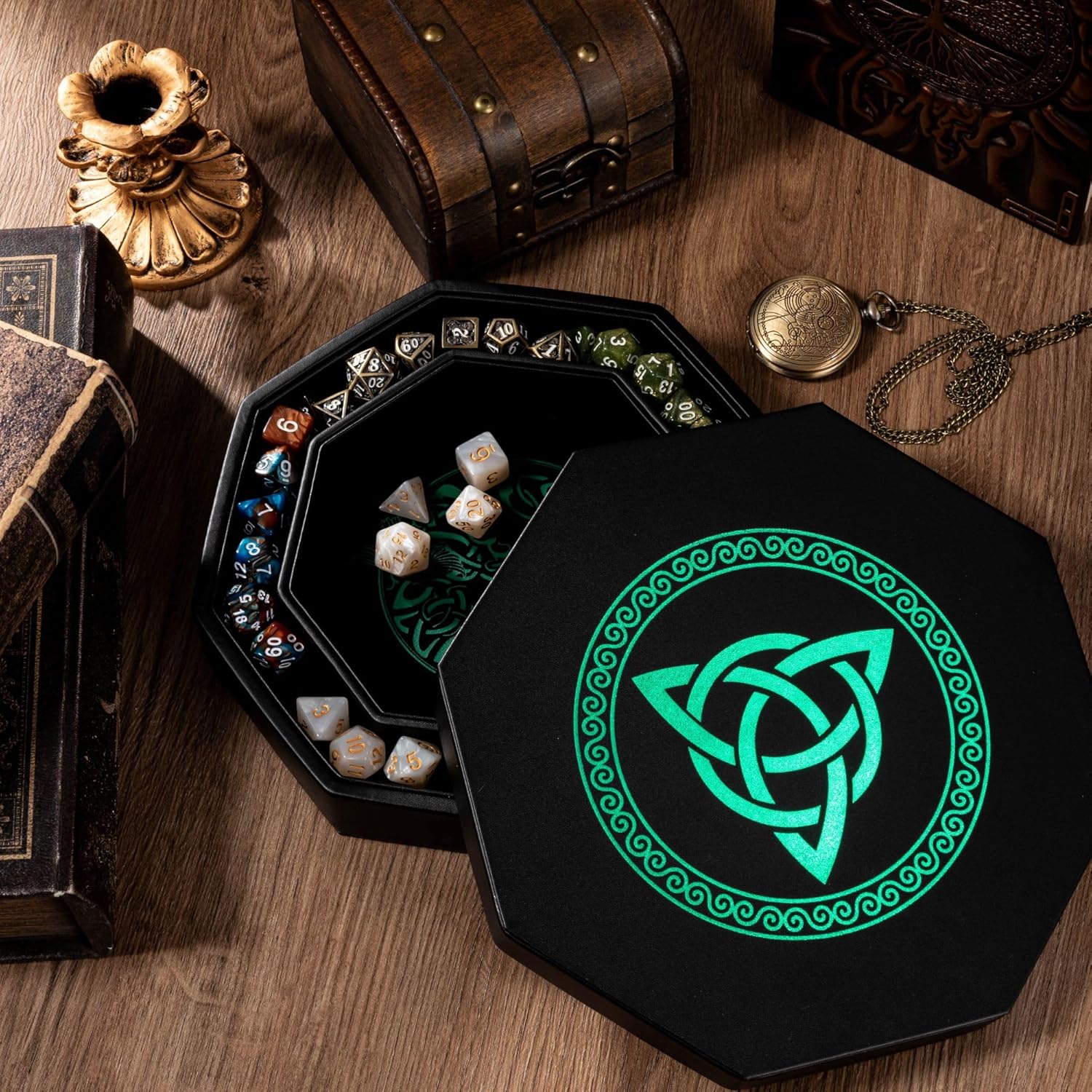DND Dice Tray - Premium 9 Inch Tray Dungeons and Dragons - Exquisitely Detailed Green World Tree & Triquetra Design - Perfect Rolling & Box Storage to Protect Your Dice for D&D and RPG