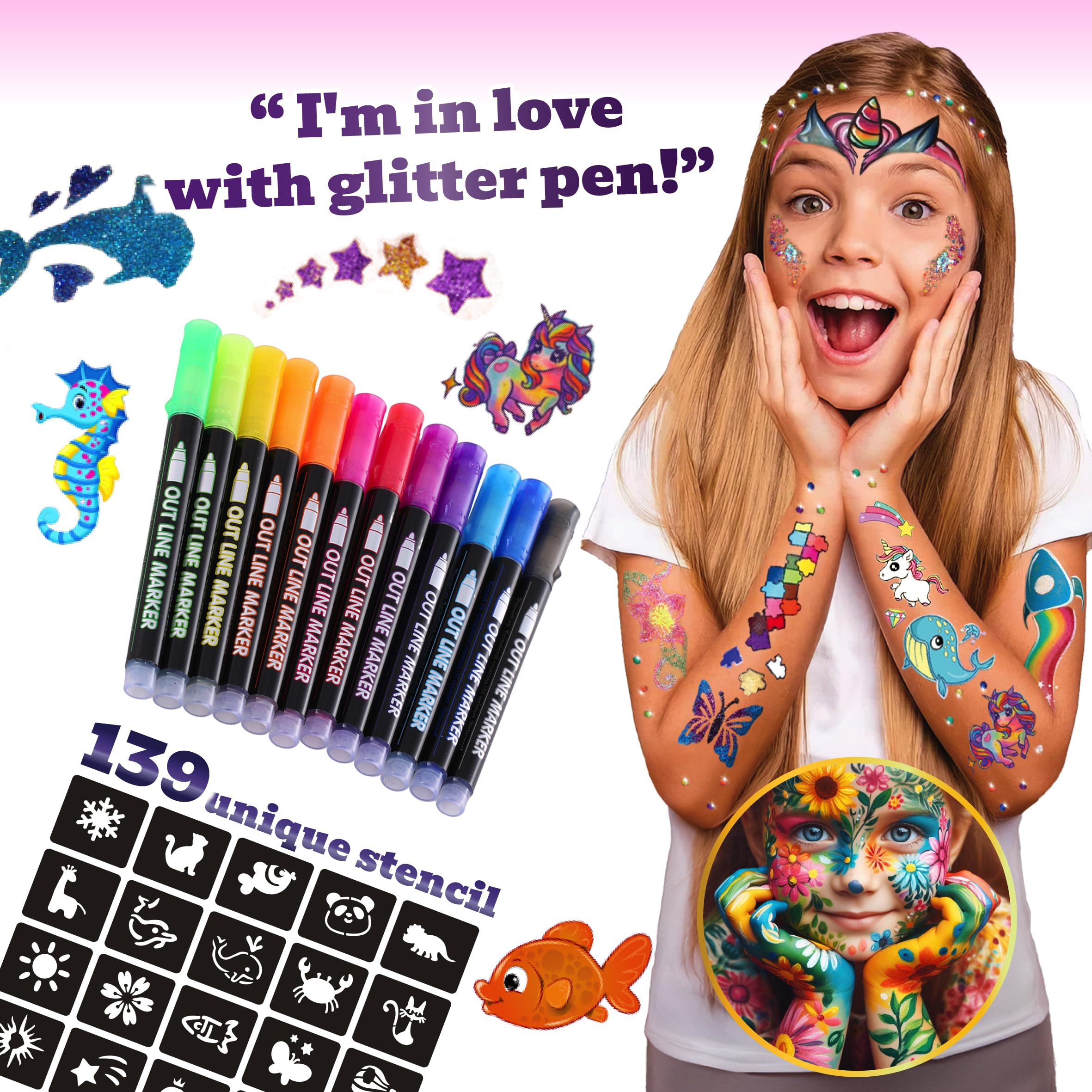 Kit De Tatuajes De Purpurina Para Niños – 12 Colores, 16 Plantillas Y Todo Lo Necesario Para Brillar En Fiestas
