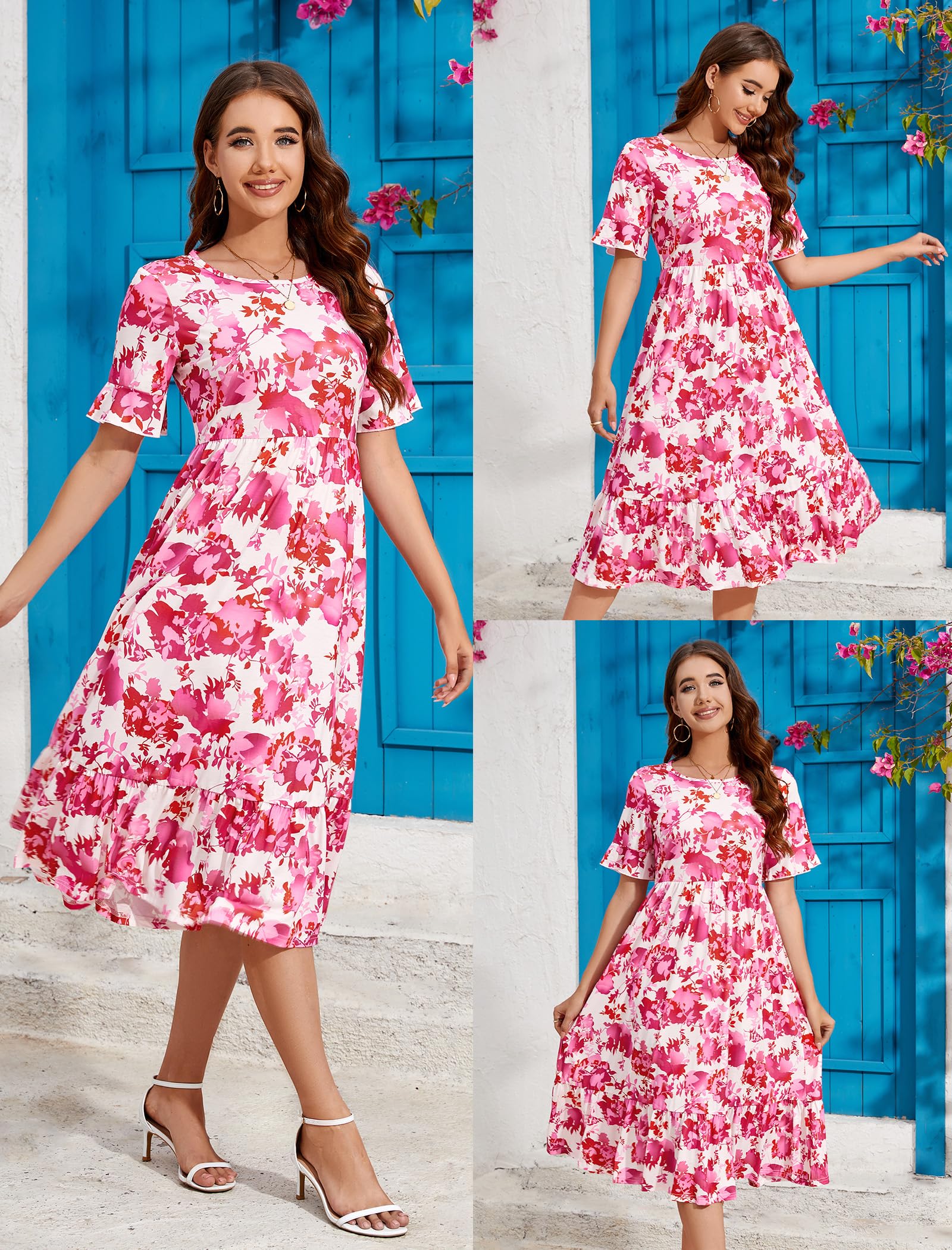 STYLEWORD Robe ete Femme Col Rond Robes sans Manches Couleur Unie Midi Robe D'été