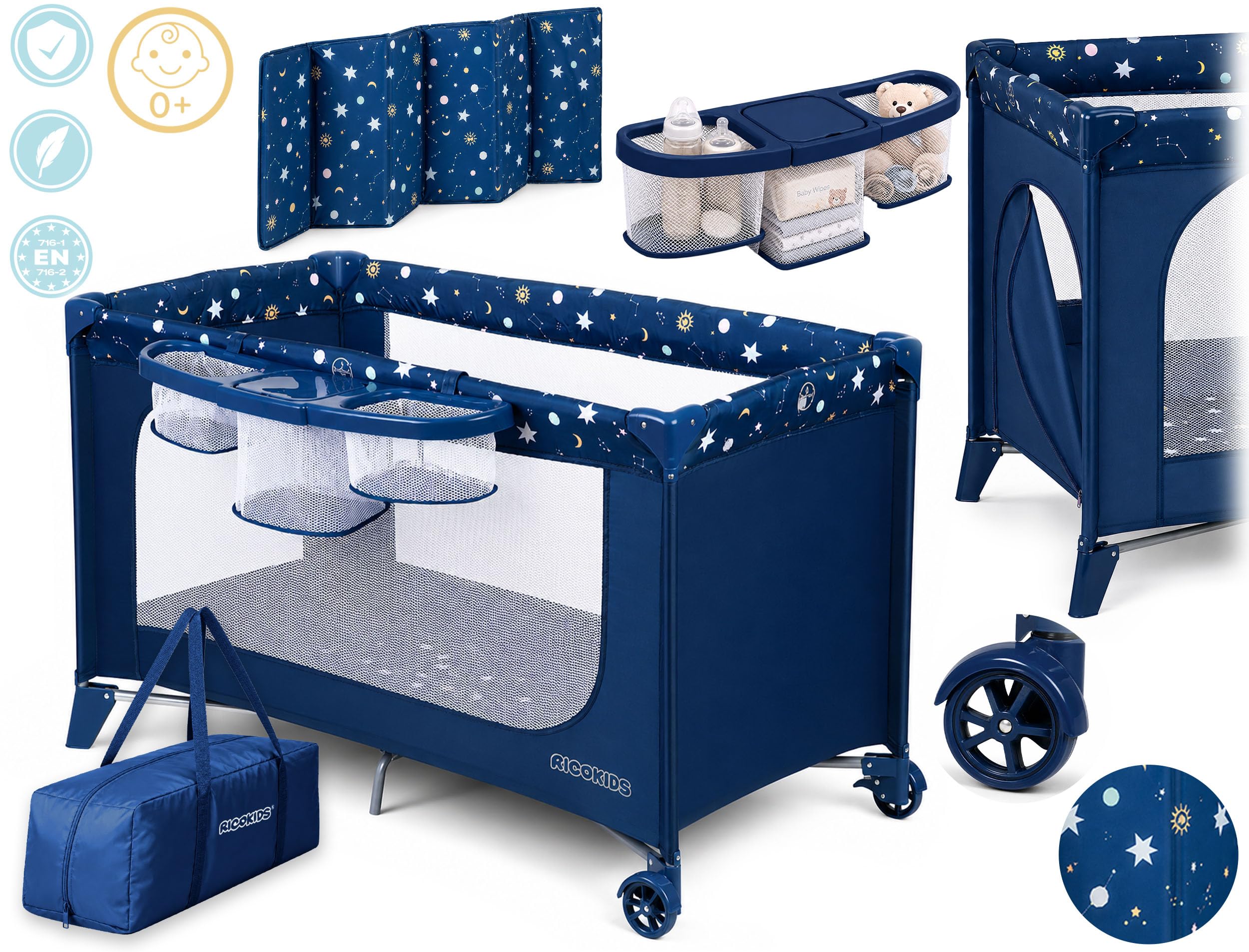 Ricokids Lit de Voyage Pliable pour bébé avec Matelas - Sac de Transport - 125 x 65 x 78 cm - Bleu foncé avec étoiles