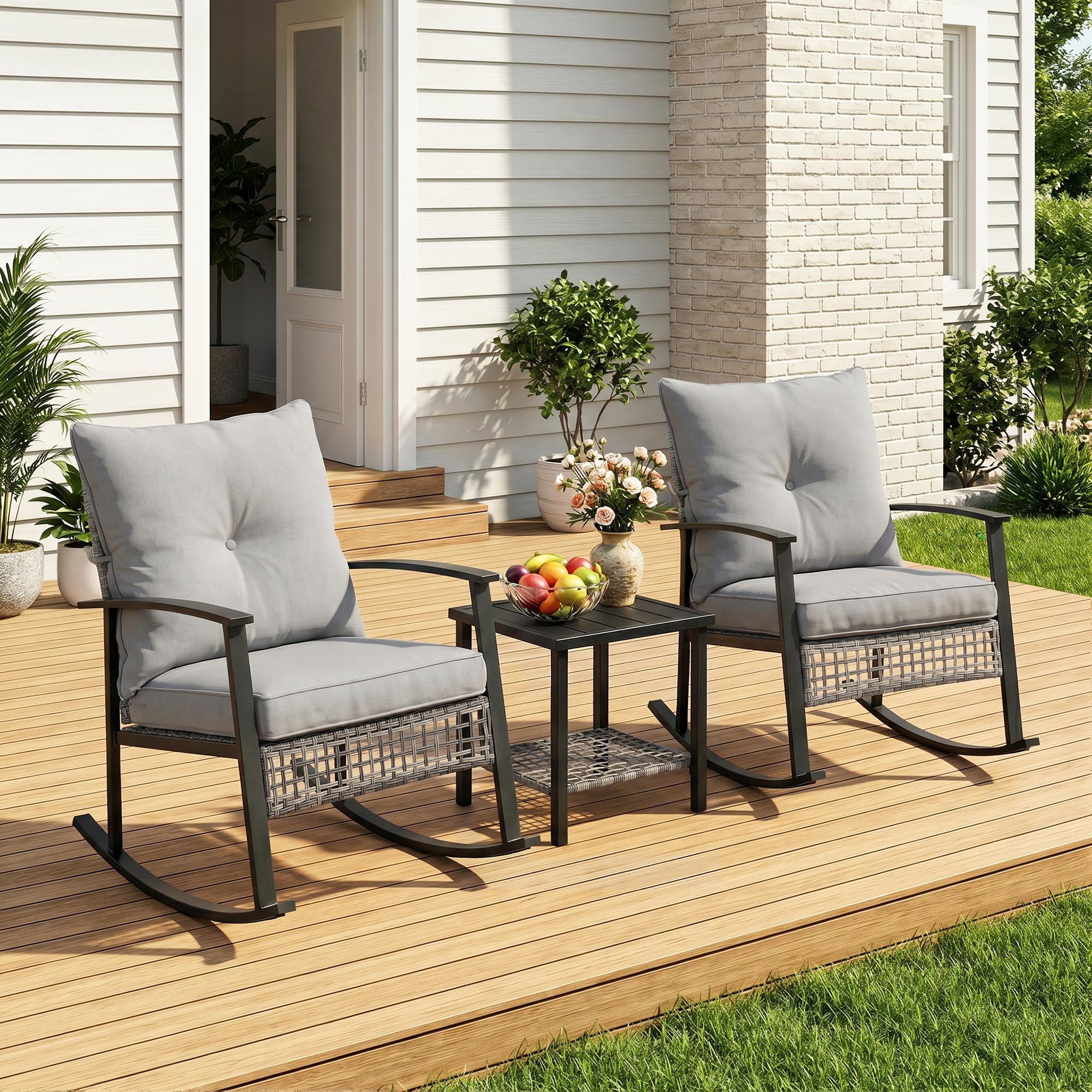 DEZAGCE 3 Piece Rocking Bistro Set, Rattan Garden Furniture with 2 Wicker Rocking Chairs & Double-Tier Glass Table, 180kg Capacity, Outdoor Conversation Set for Balcony, Patio & Garden, Gray