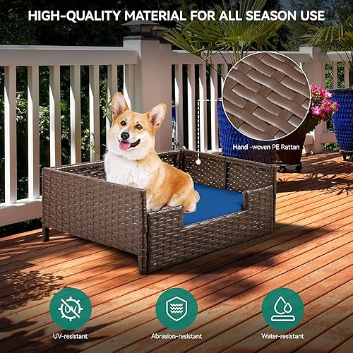 Miniatura 3 de YITAHOME Sofá cama de ratán para perro con cojín, cama de mimbre para mascotas, sofá para interiores y exteriores, agua no afectada para perros