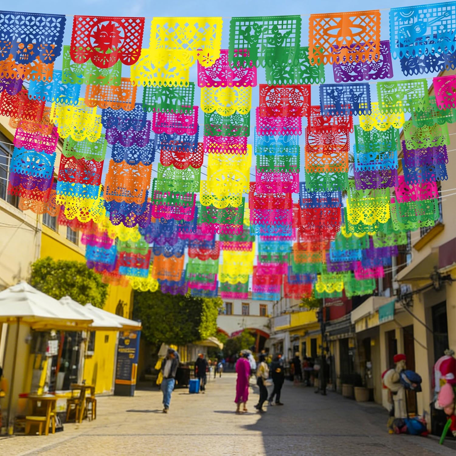 10 Pack Mexican Banner, 180 FT Fiesta Decorations Cinco De Mayo Party Decor Plastic Papel Picado Mexican Themed Party Banner Flags Colorful Indoor Outdoor Dia De Los Muertos Home Decor