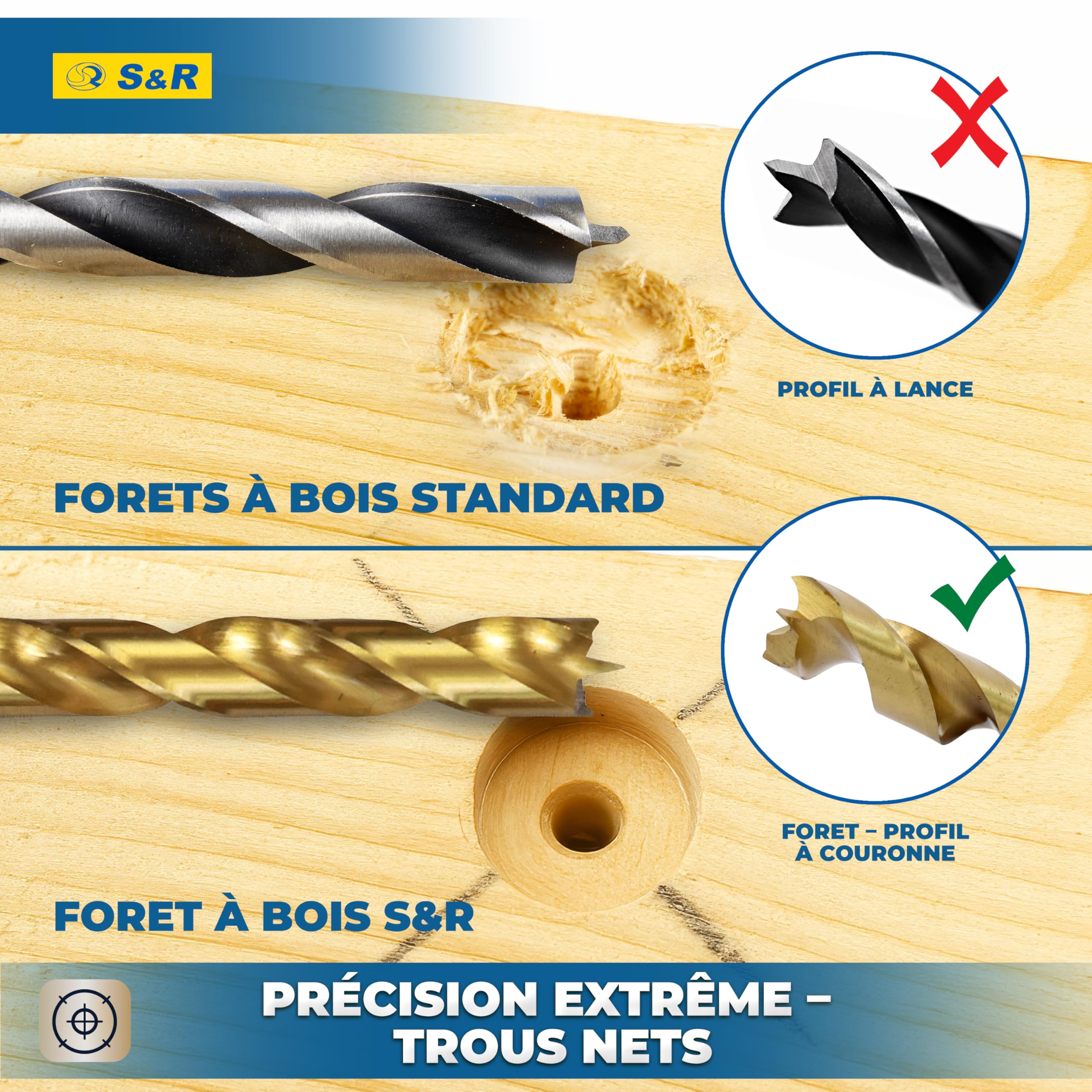 S&R Coffret Forets à Bois Professionnels 25 pcs 1-13mm en acier HSS 4241 revêtu en Titane. Forets pour perceuse à main et à colonne
