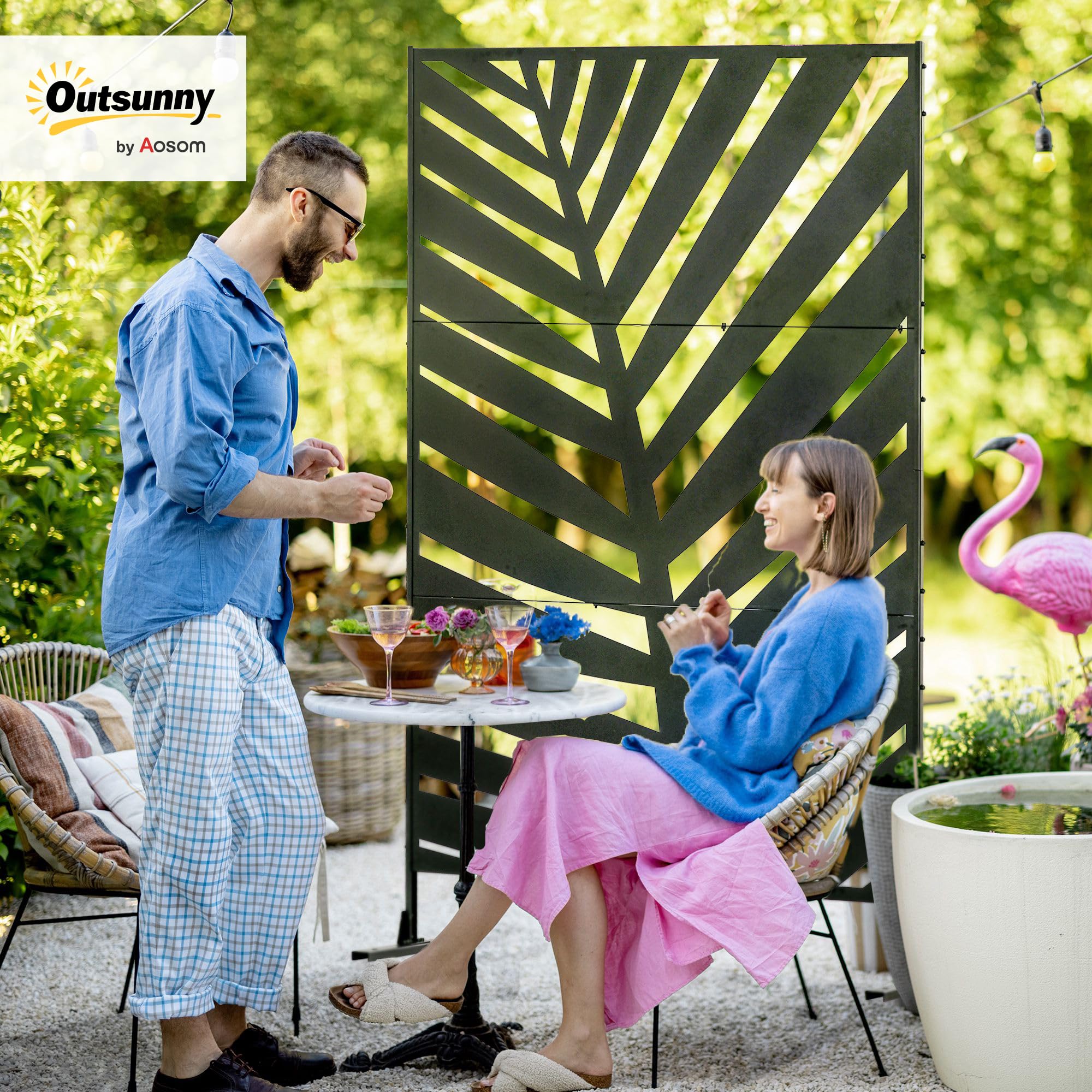 Outsunny Biombo de 3 Piezas Biombo Separador de Ambientes con Diseño de Hoja de Plátano Biombo para Exterior Jardín Patio Terraza 122x45x198 cm Negro
