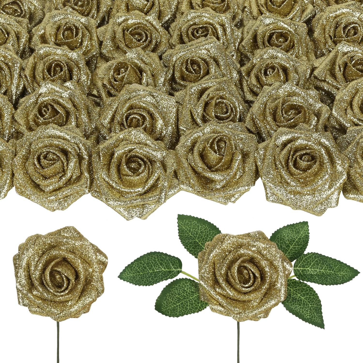 Gold Glitter Roses 30PCS 3.15" Artificial Roses with Stems for DIY Wreath Wedding Christmas Home Party Decor