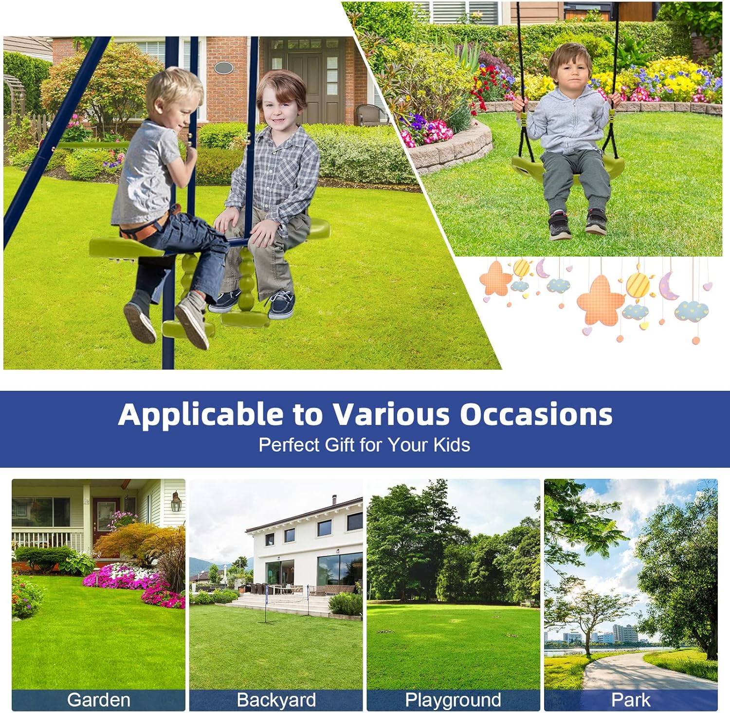 Costzon 440 lbs Swing Set for Backyard, 2-in-1 Heavy Duty Extra Large Metal Swing Frame with 2 Swings, Glider, Adjustable Hanging Ropes, Outdoor Playground Play Equipment, Swing Stand for Kids