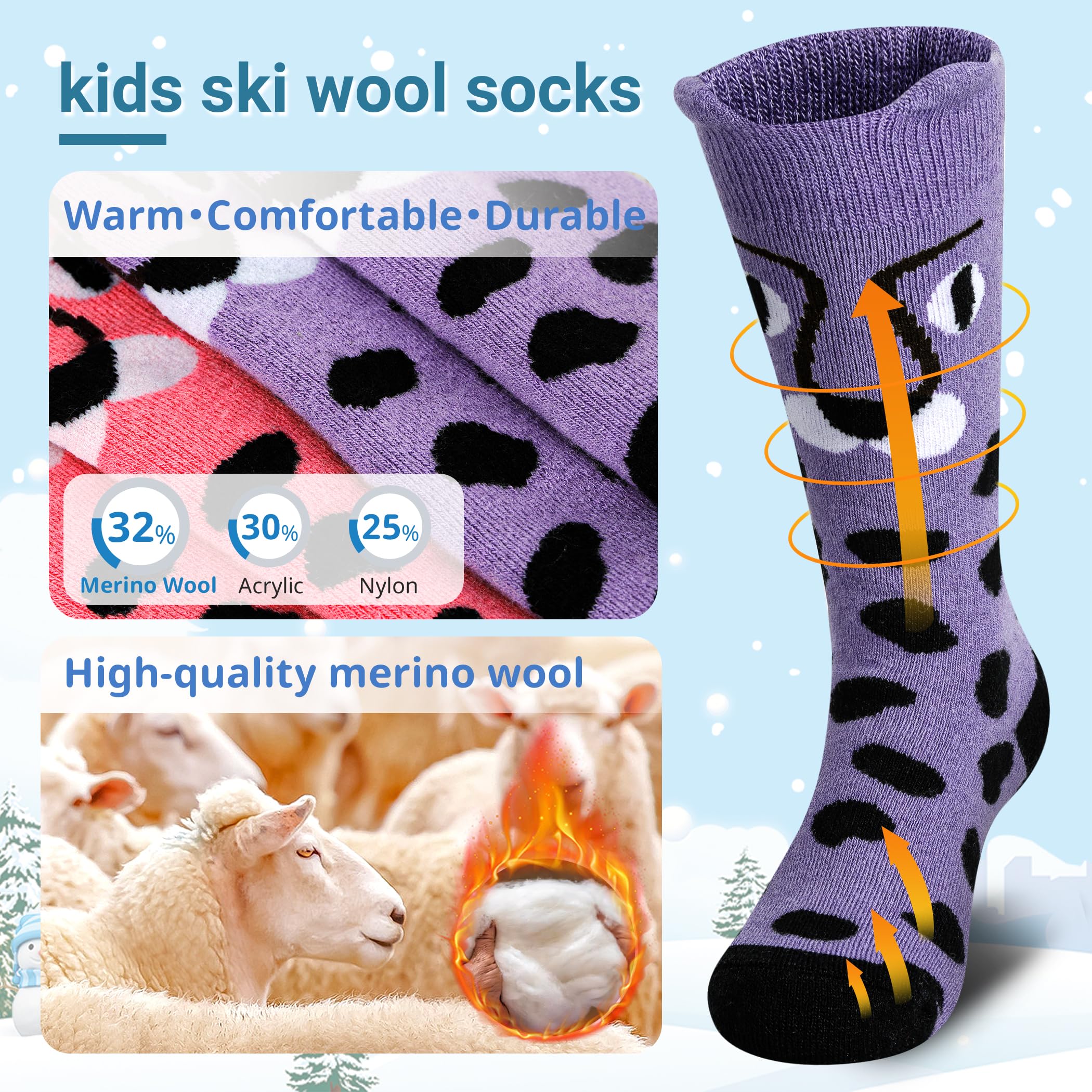 Muezna 2 Paar Kinder Merinowolle Skisocken, Jungen Mädchen Winter Thermosocken Kindersocken Sportsocken Knie-High Warme Dicke Skifahren Skaten Socken (OTC)