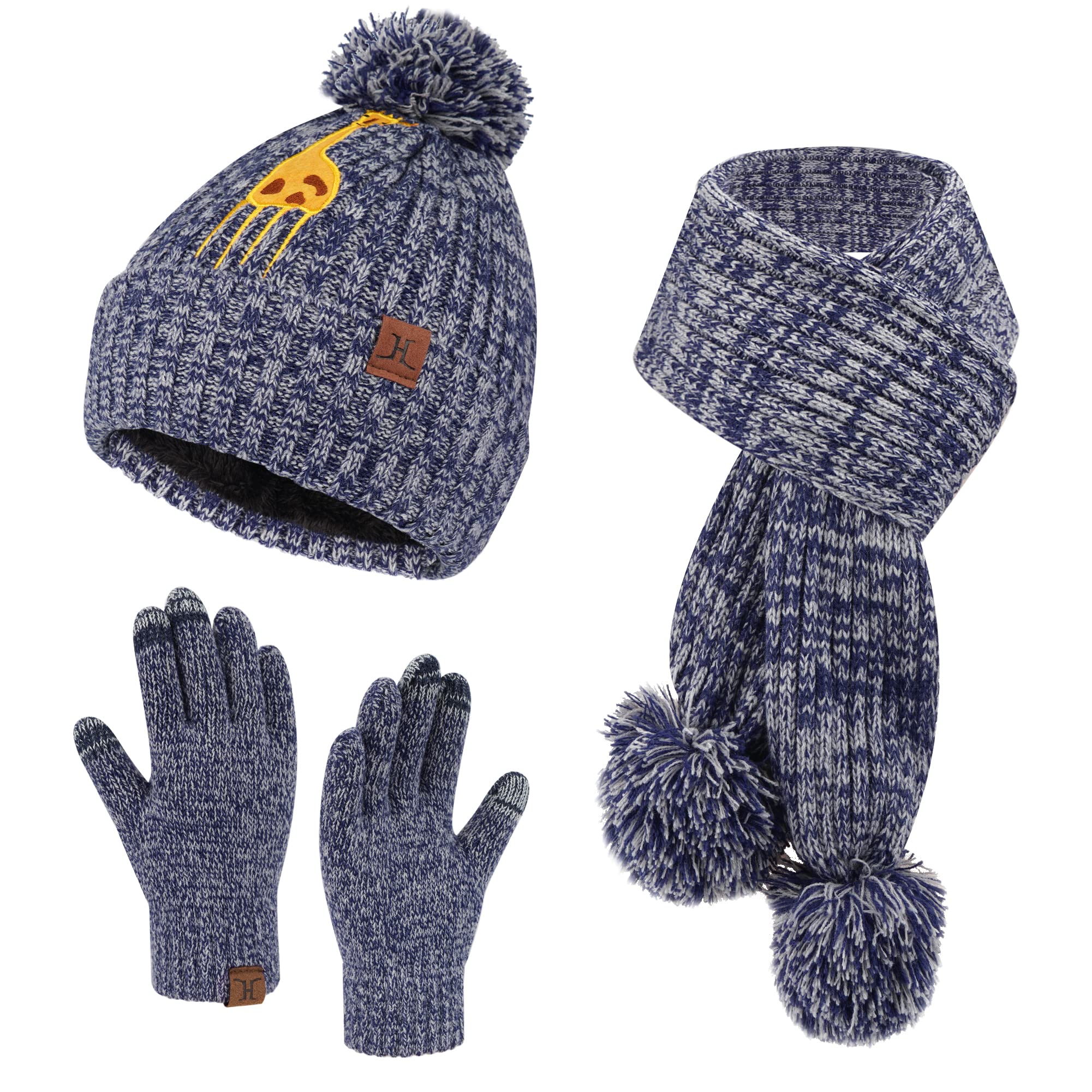 Bequemer Laden Niños Invierno Gorro Cálidos Bufanda Larga Guantes Tactiles Conjunto de Tejido Cable con Pompon Forro Polar para 5-10 Años Niños Niñas