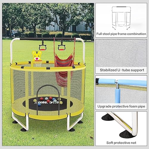 Miniatura 5 de Trampolín para niños, cama elástica ajustable para bebés con aro de baloncesto, 440 libras para interiores y exteriores con recinto (amarillo)