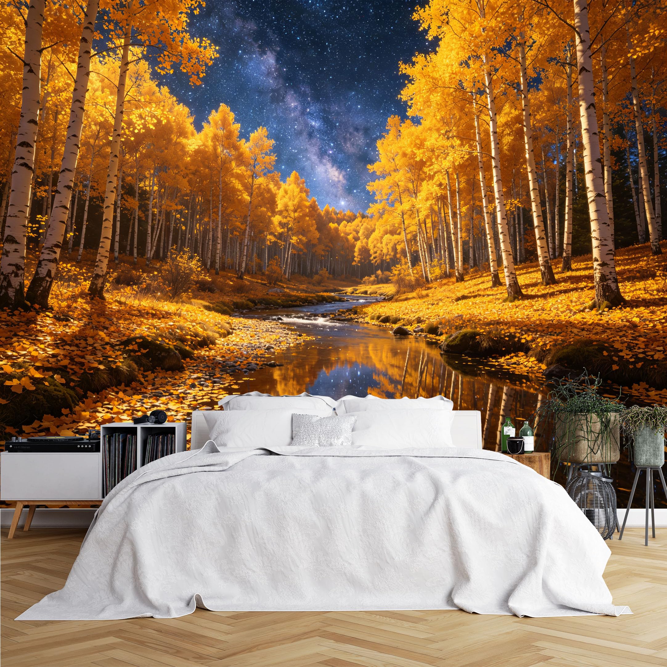 Lcythiazole Ch260615023 Custom Size Wall Murals Golden Birch Forest Starry River Wall Murals Full Wall Wallpaper Self-Adhesive Removable Wallpaper For Living Room Study Room