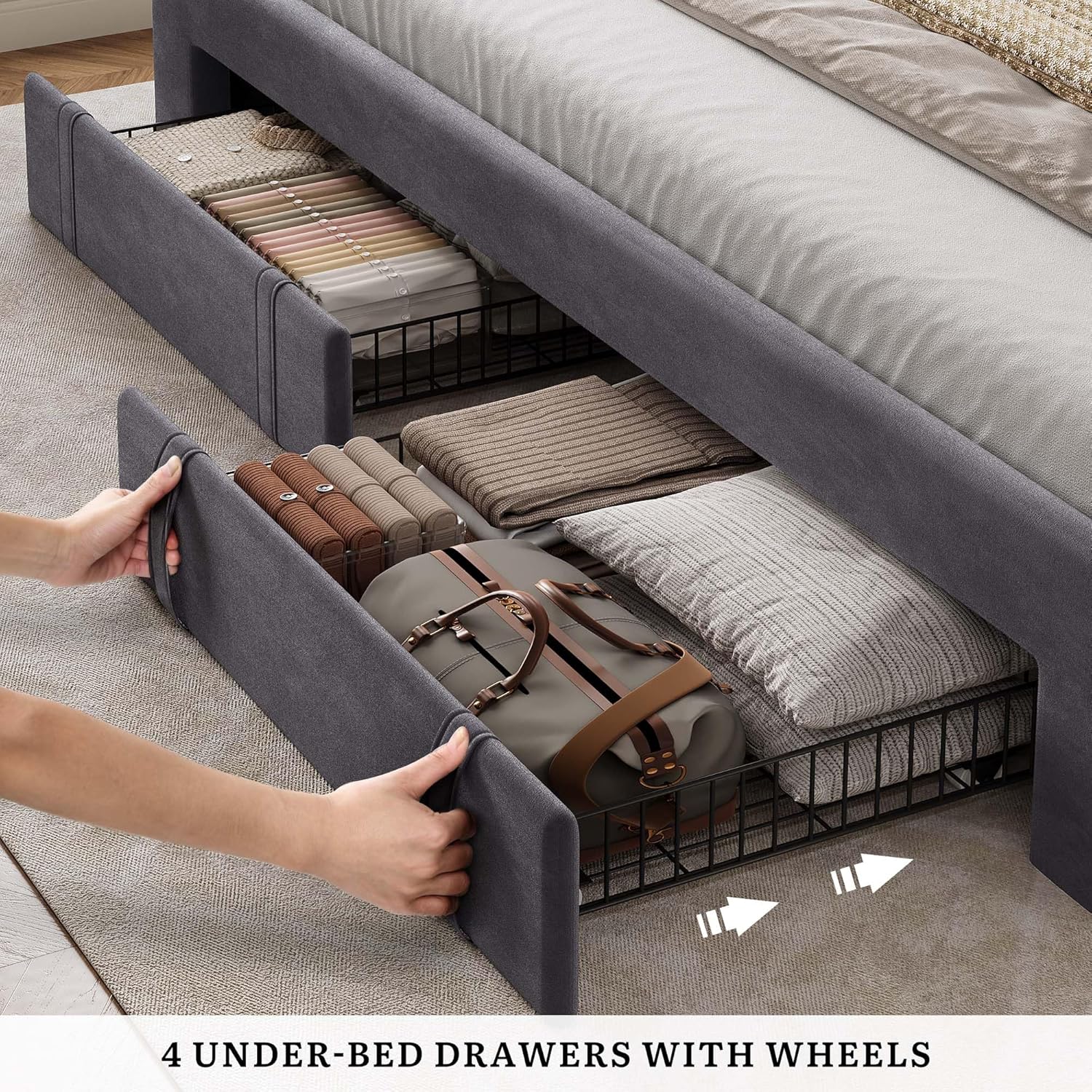 DWVO Queen Size Bed Frame with Adjustable Headboard, 4 Storage Drawers and RGB LED Lights, Velvet Upholstered Platform Bed with USB Ports, No Box Spring Needed, Fast Assembly, Noise-Free, Grey