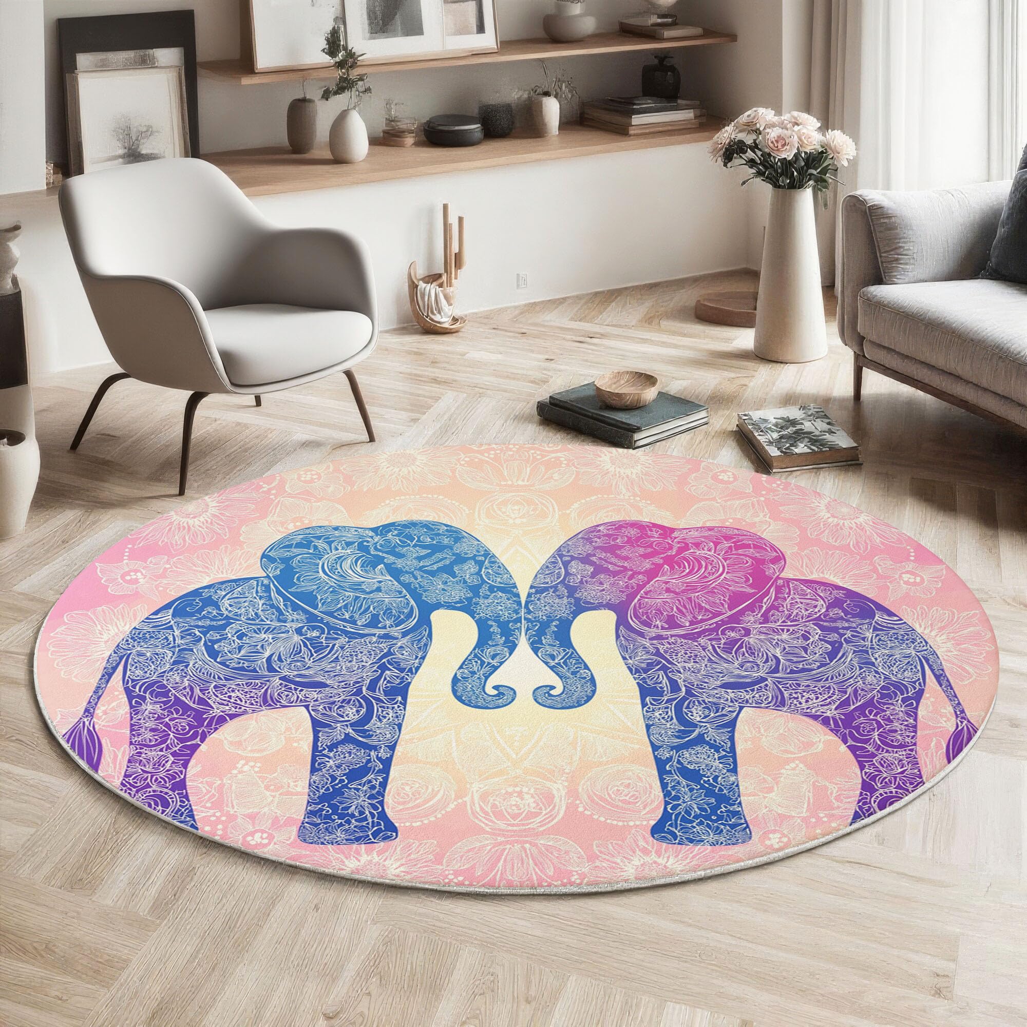 Mandala Elefante Rond Tapis De Décoration, Boho Retrò Tapis Rond Lavable en Machine Anti-Dérapant Intérieur Ultra Doux Chambre Sol Canapé Salon (180cm, Rosa)
