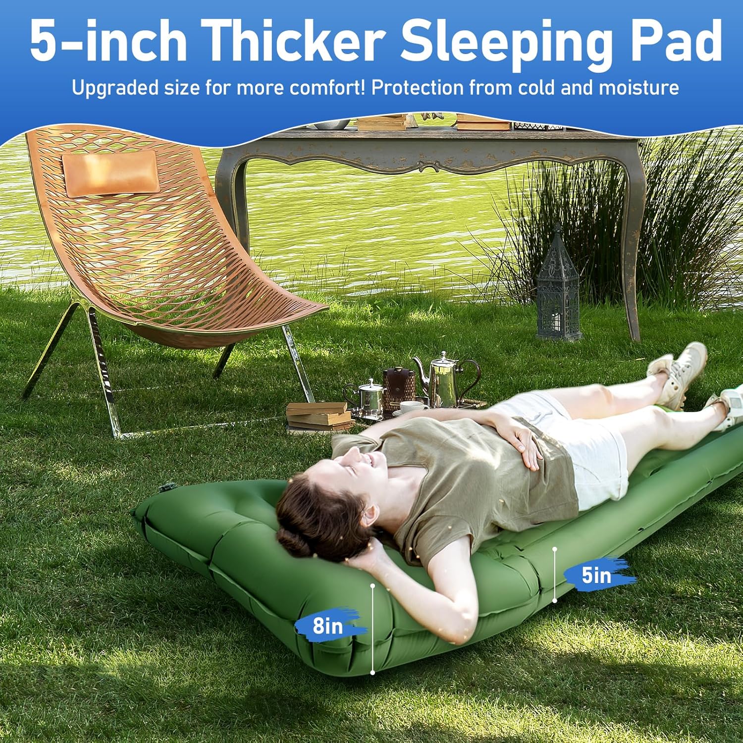 Camping Mattress Extra Thick 5in, Sleeping Pad for Camping with Pillow, Single Backpacking Mat Built-in Pump, Self Inflating Sleeping Pad, Sleep Mat Holds 440 lbs, 40D Nylon, Repair Kit