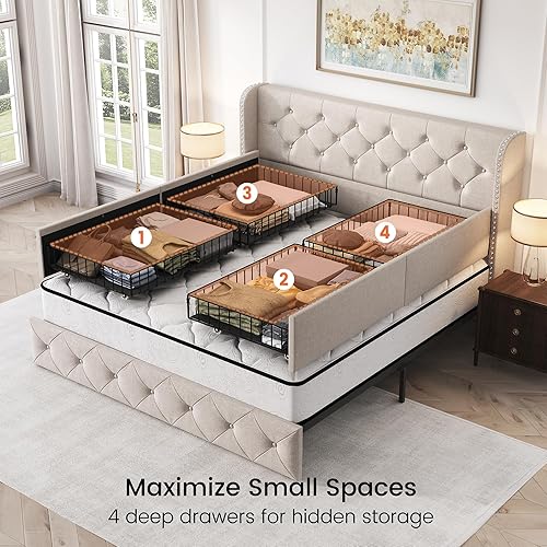 Miniatura 67 de LARMACE - Marco de cama tamaño King con 4 cajones de almacenamiento y cabecera tapizada con botones, cama de plataforma tapizada en lino con