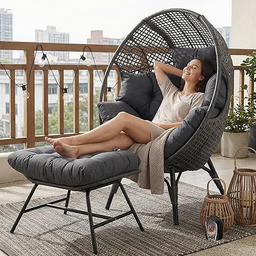 Miniatura 14 de NICESOUL Silla con forma de huevo de mimbre con otomano, silla de salón con cesta de huevo para interior y exterior con cojín, asiento de huevo