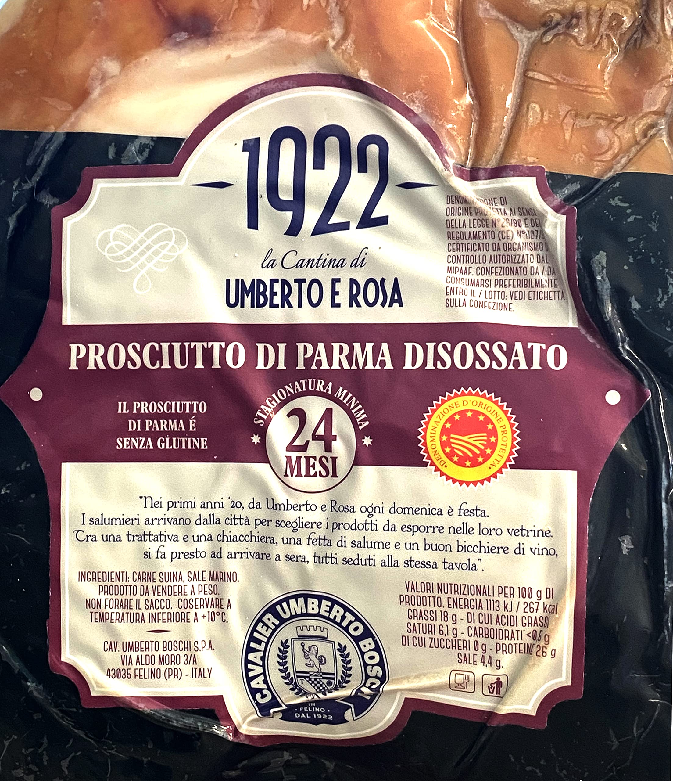 Prosciutto di Parma DOP - 1922 La Cantina di Umberto e Rosa - Stagionato 24 Mesi - Intero - Disossato - 8,2 Kg.