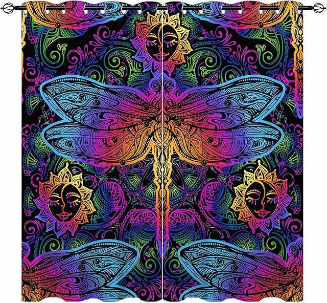 YUANZU Dragonfly Curtains - Colorful Arabic Indian Japanese Mandala Element Paisley Print Pattern Eyelet Blackout Thermal Insulated Window Drapes for Bedroom Living Room 2 Panels W117cm x D137cm