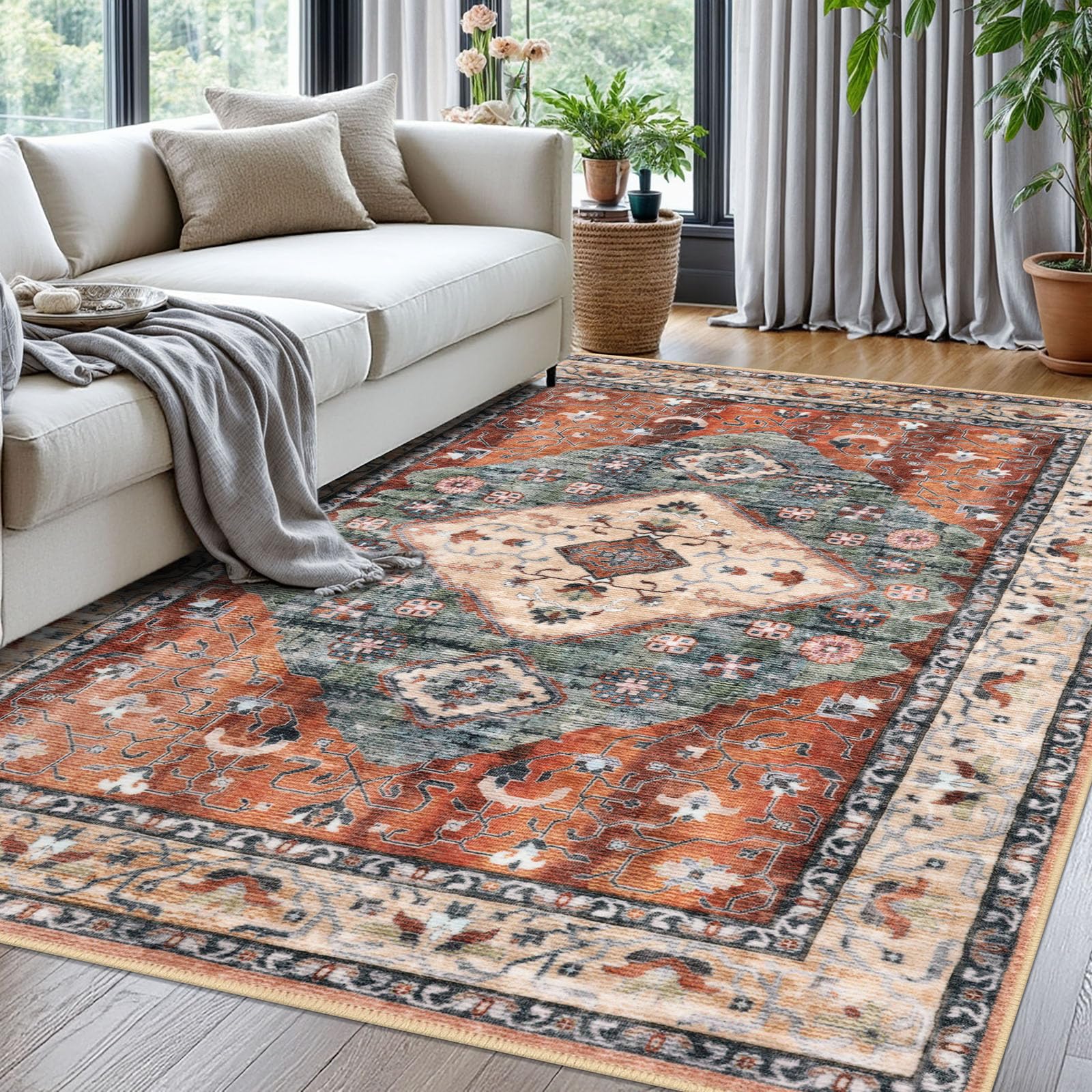 KOZYFLY Boho Area Rug 5x7 Ft for Living Room and Bedroom - Washable, Non-Slip, Rust Orange Printed Faux Wool Vintage Floor Carpet for Dining Room โ image 1