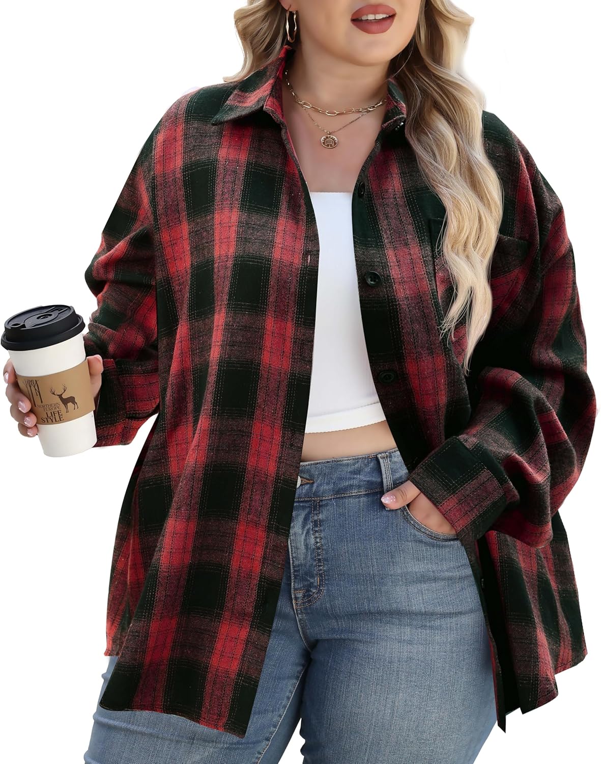 Womens Plus Size Buffalo Plaid Flannel Shirt Long Sleeve Collar Button Down Blouses Loose Lightweight Tops