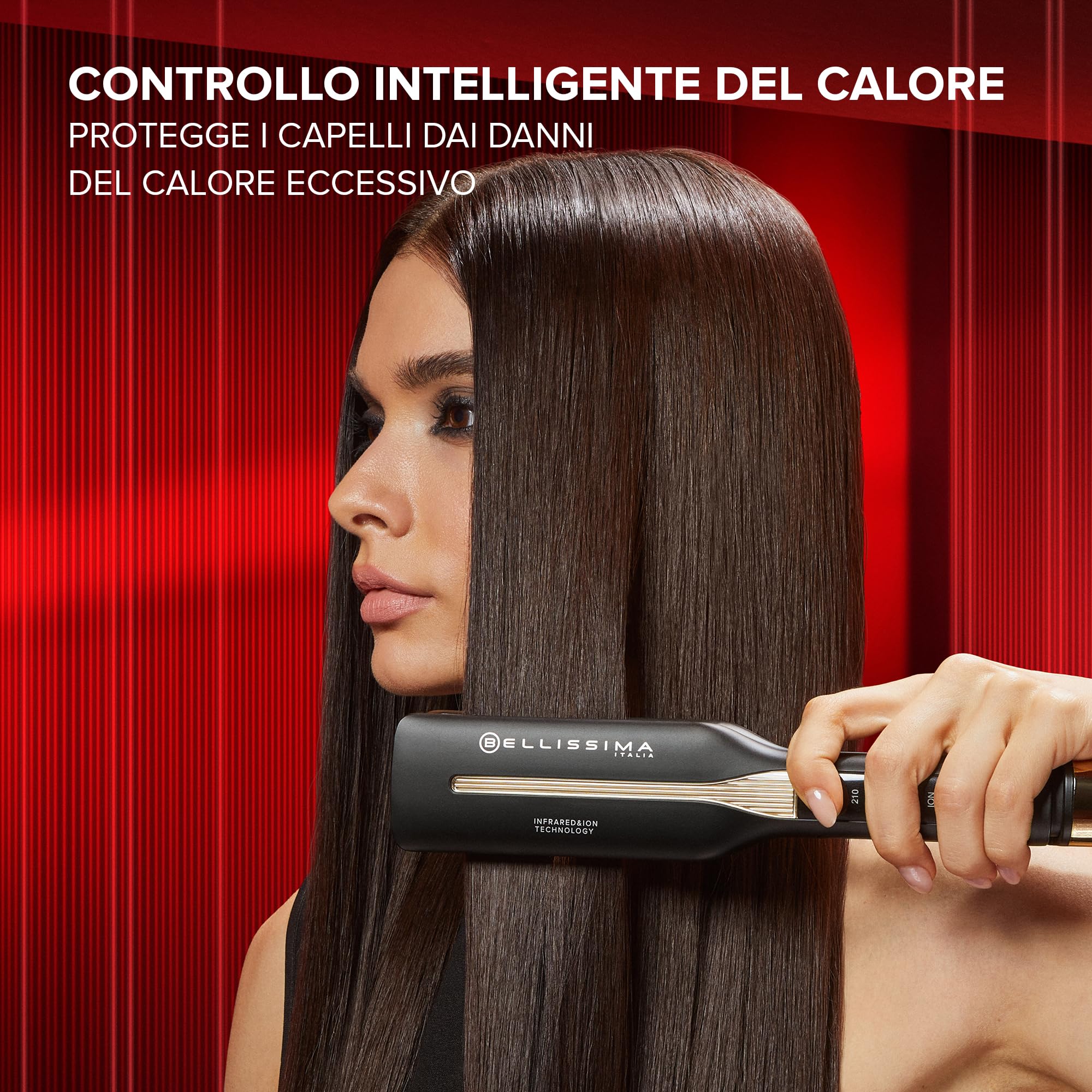 Bellissima Imetec Absolute, Piastra per capelli professionale con piastre 4XL, Infrarossi e tecnologia a ioni, Controllo del calore, Rivestimento in ceramica e cheratina, 4 Temperature, Beauty bag