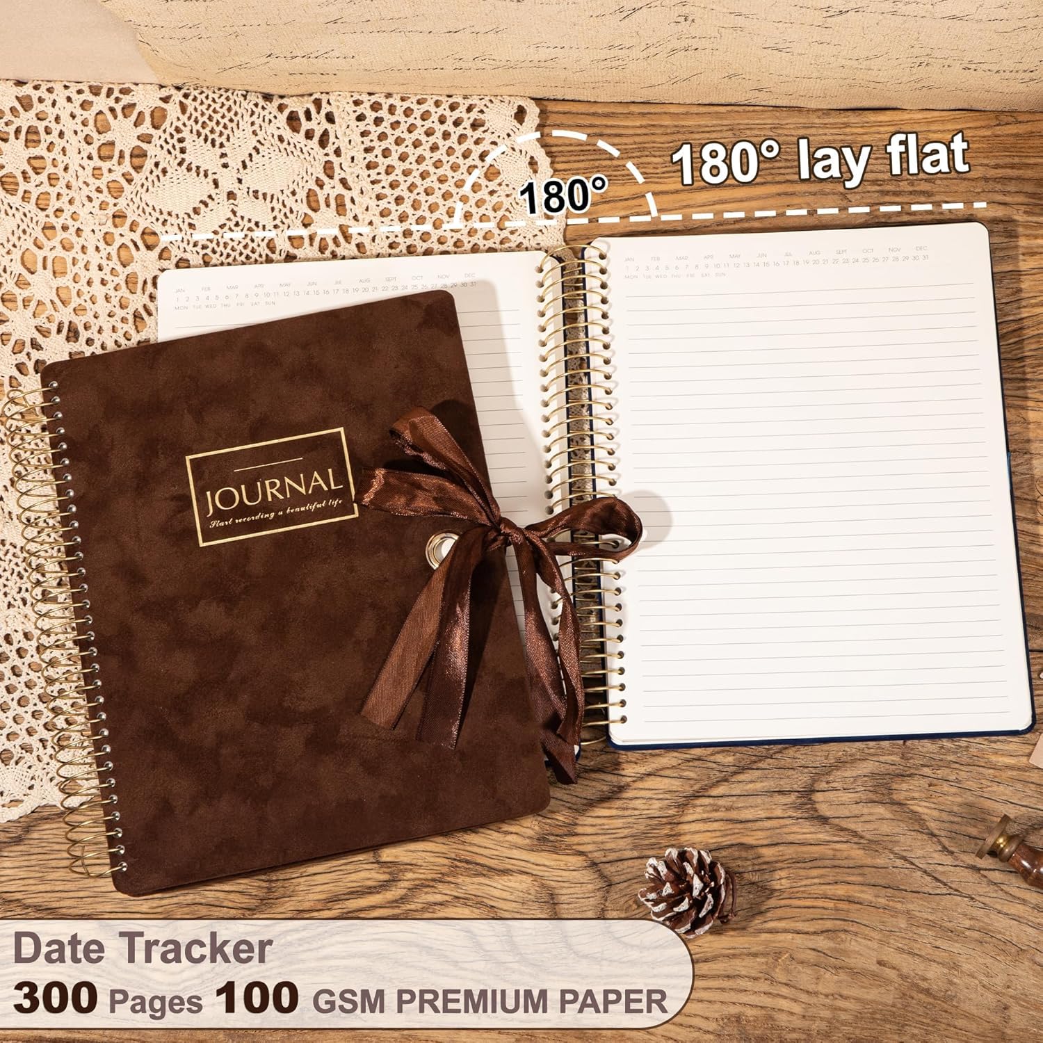 FLYING EAGLE 300 Pages Thick Spiral Notebook Journaling Notebooks Vintage Velvet Journal for Women Men A4 Lined Journals for Writing with Gift Box, 8.5 x 11in, Brown