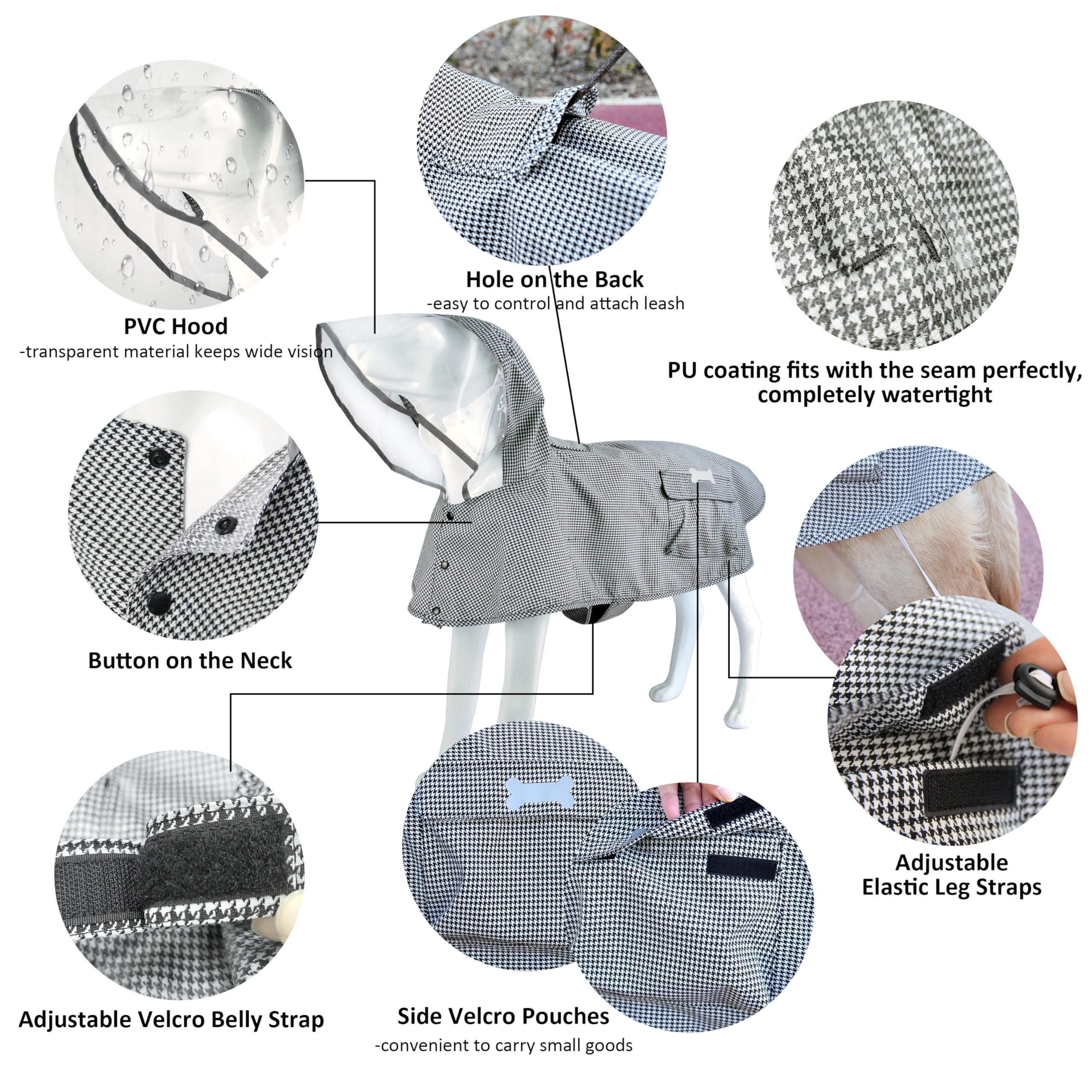 Waterproof Dog Raincoat, Adjustable Reflective Lightweight Pet Rain Clothes with Poncho Hood(Large,Black&White) - Image 3