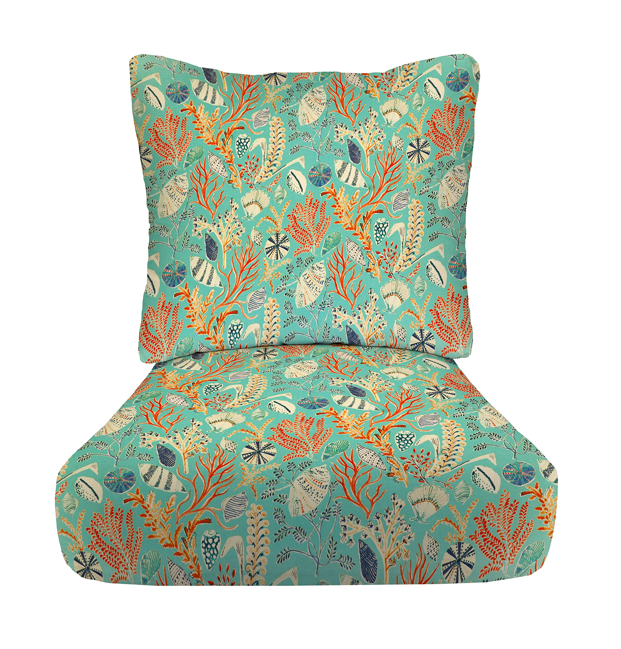 RSH Décor Indoor Outdoor Pillow Back Deep Seating Cushion Set, 24”x 27” x 5” Seat and 25” x 21” Back, Choose Color (Ocean Life Blue)