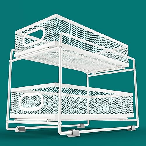 wkokos Organizador apilable de malla de 2 niveles con cajón deslizante para organización de despensa o almacenamiento de baño, color blanco