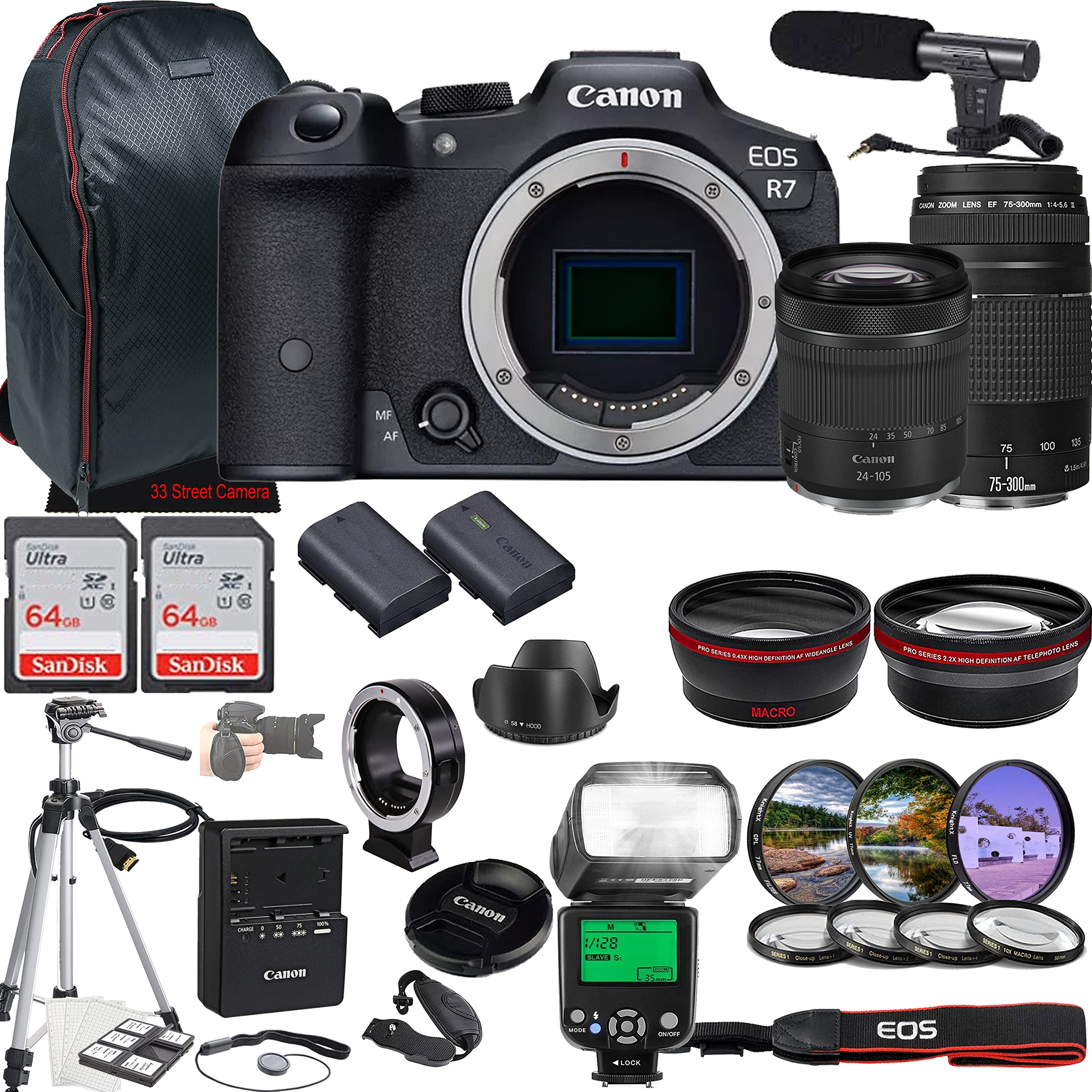 Canon EOS R7 Mirrorless Camera w/RF 24-105mm f/4-7.1 is STM Lens + EF 75-300mm f/4-5.6 III Lens + 2X 64GB Memory + Microphone + Filters + TTL Flash + More (35pc Bundle)