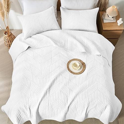 Vista 8 de Juego de ropa de cama tamaño Queen, juego de edredón ultrasónico blanco de microfibra reversible, ligero, suave, moderno, geométrico, para todas