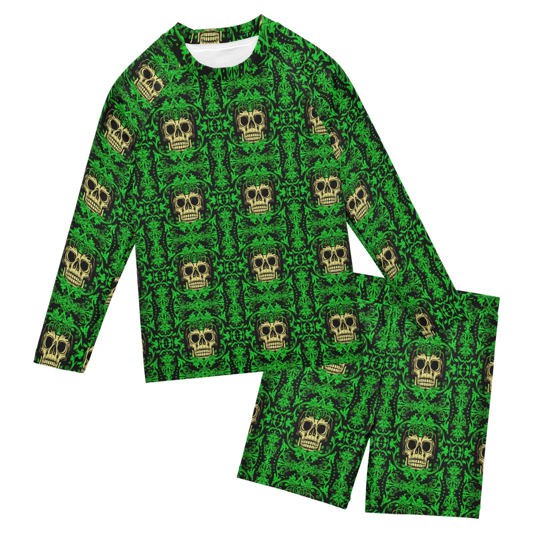 Skull Green Boys Rash Guard Swimsuits Set for Boys Long Sleeve Swim Shirts Bathing Suits with Trunks B0404376
