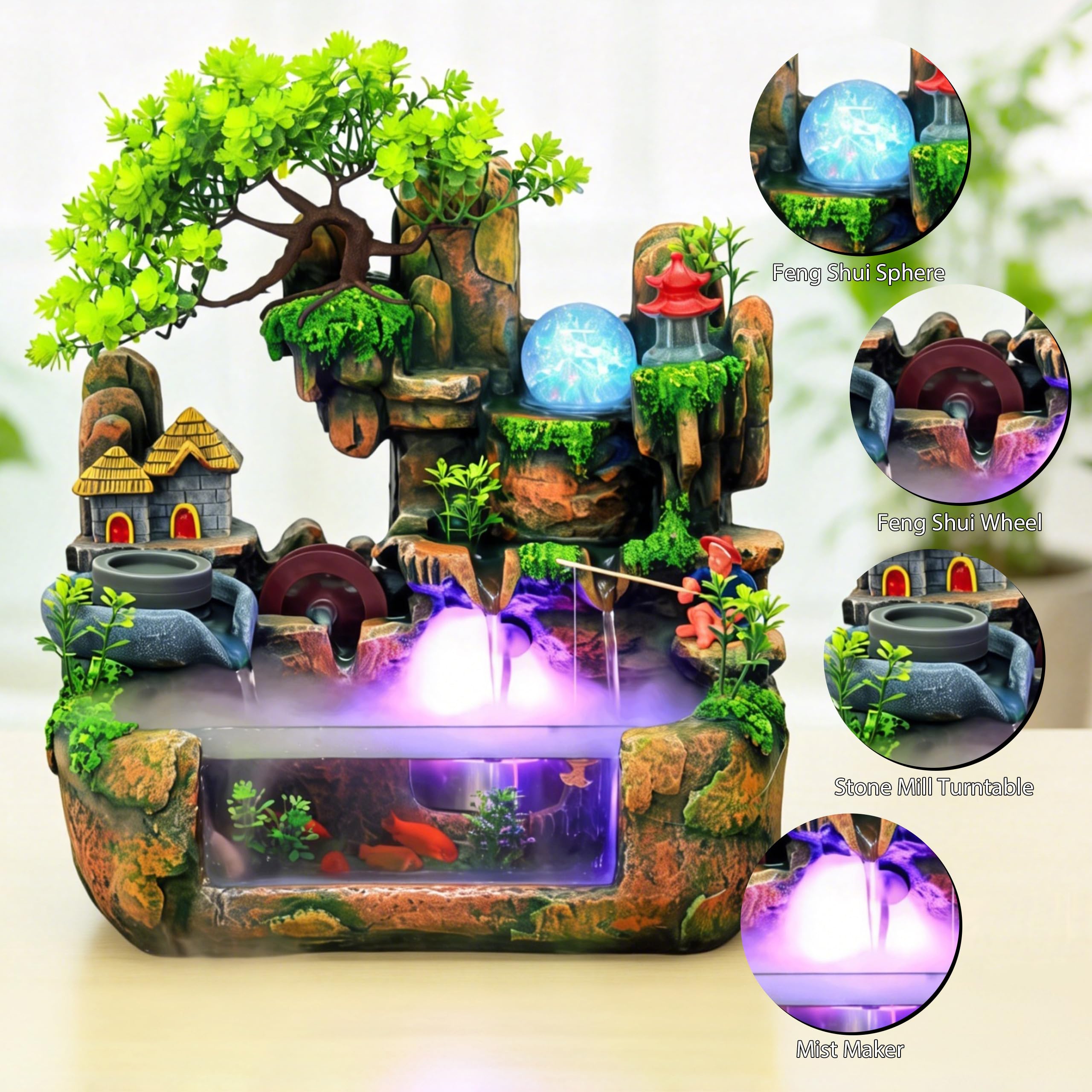 Zimmerbrunnen Wasserfall, Tischbrunnen Indoor, Grüne Pflanze Brunnen Zimmerspringbrunnen mit Beleuchtung, Zimmerbrunnen mit Pflanzen für Platzierung Wohnzimmer Schreibtisch(38 * 30 * 20cm)