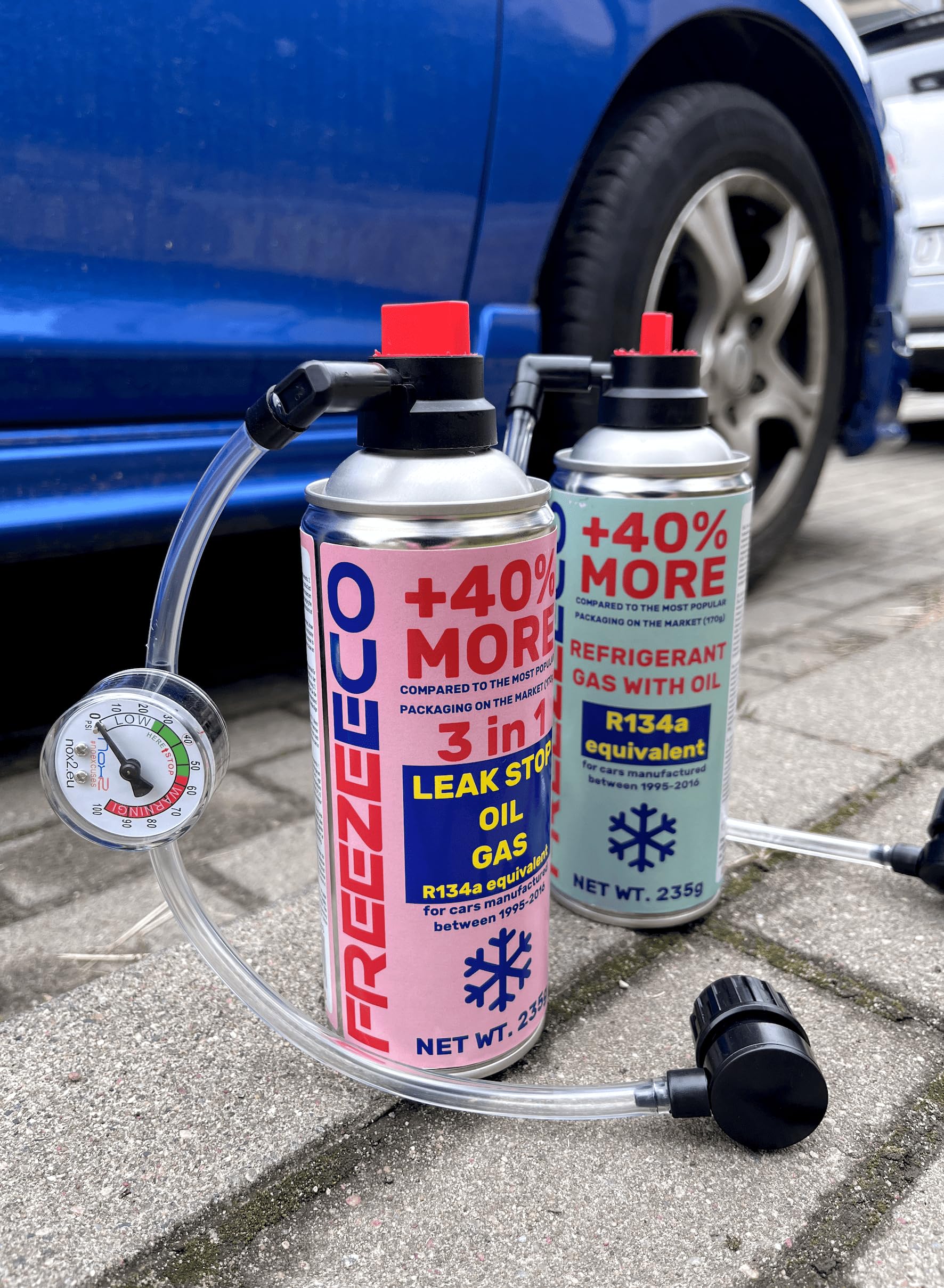 ClimaSet Remplacement Du Gaz Refrigerant R134a 2x235 G Pour Climatisation Avec Tuyau, Manomètre Et Adaptateur HP/LP Pour Climatisation -Recharge