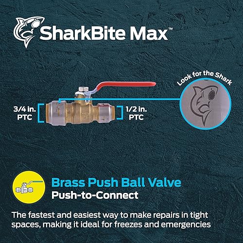 Miniatura 2 de SharkBite Max 34 x 12 en PTC, válvula de bola reductora, conexión de fontanería de cierre de agua de latón de empuje para conectar, UR22973