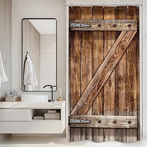 LGhtyro Cortina de ducha rústica para puerta de granero, juego de baño de 36 pulgadas de ancho x 71 pulgadas de alto, tablero de madera estrecho,