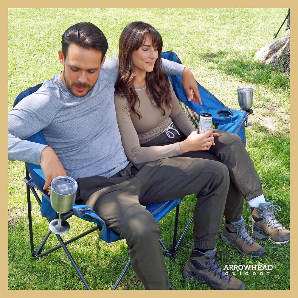ARROWHEAD OUTDOOR Portable Folding Double Duo Camping Chair Loveseat w/ 2 Cup & Wine Glass Holder, Heavy-Duty Carrying Bag, Padded Seats & Armrests, Supports up to 500lbs, USA-Based Support