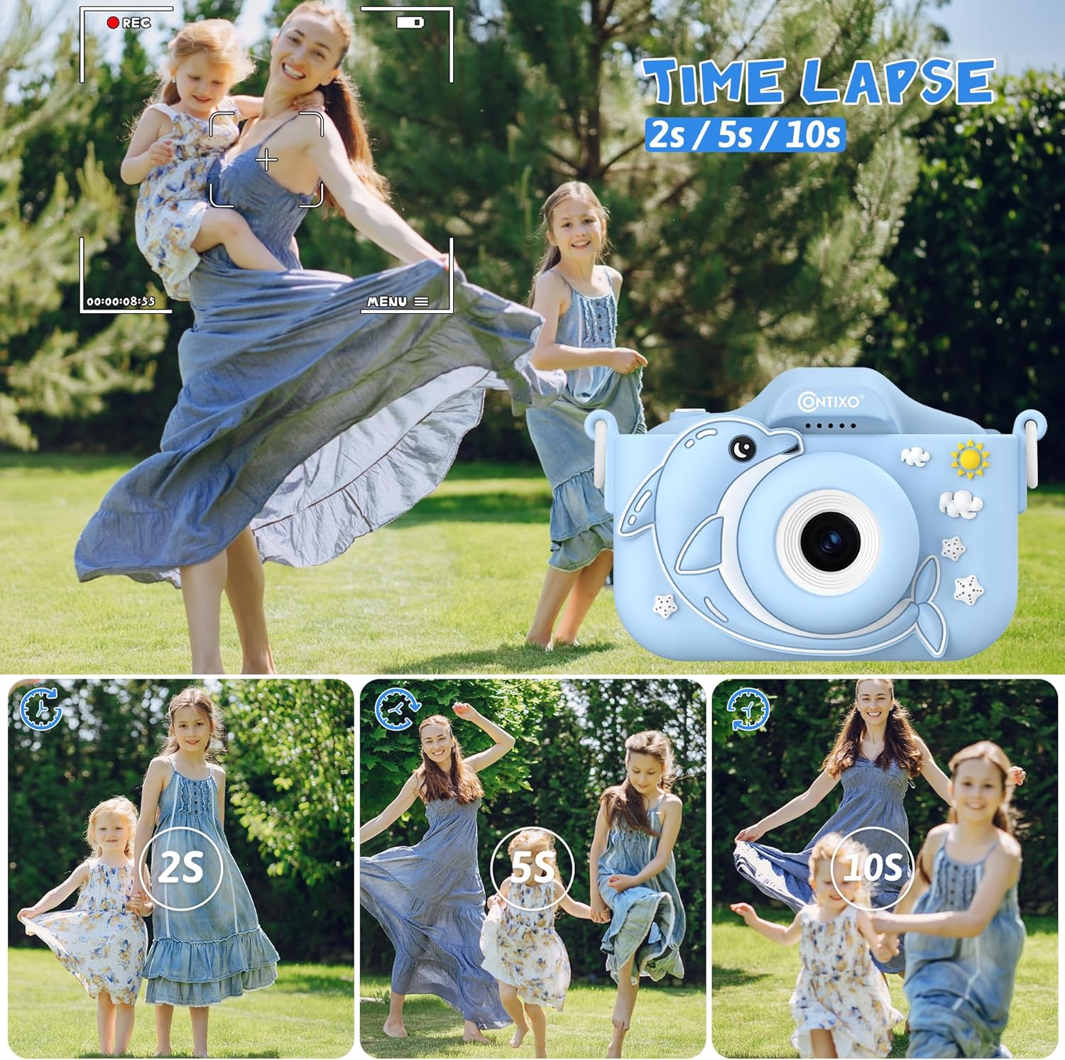 Lura view of Contixo KC3 Kids Camera showing the LCD screen and control buttons.