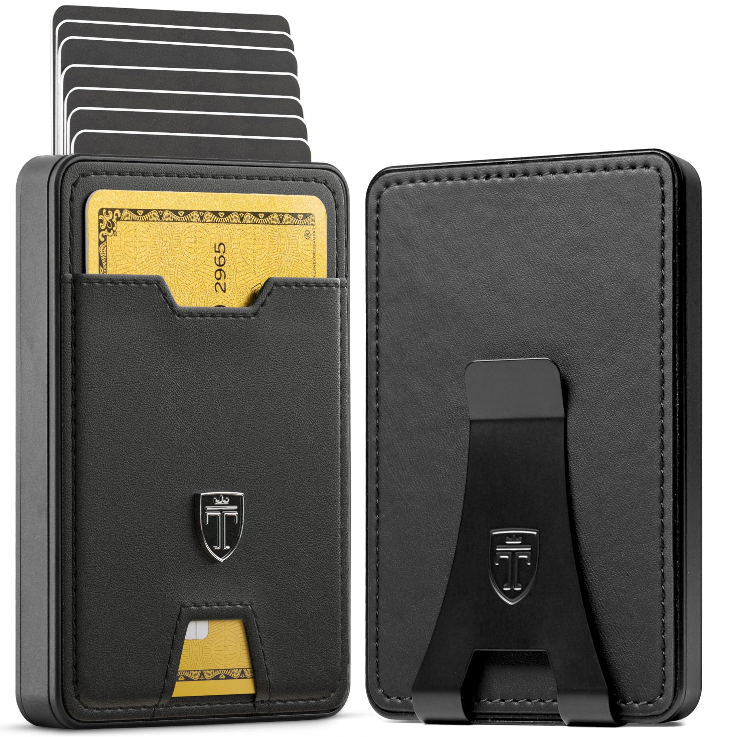 TRAVANDO SWYPE Aluminium Pop-Up Wallet für 6-7 Karten - Geldbörse für Herren mit RFID Schutz - Geldbeutel mit Geldklammer - Kartenetui mit Geldspange - inklusive Geschenkbox (Leder, Schwarz)