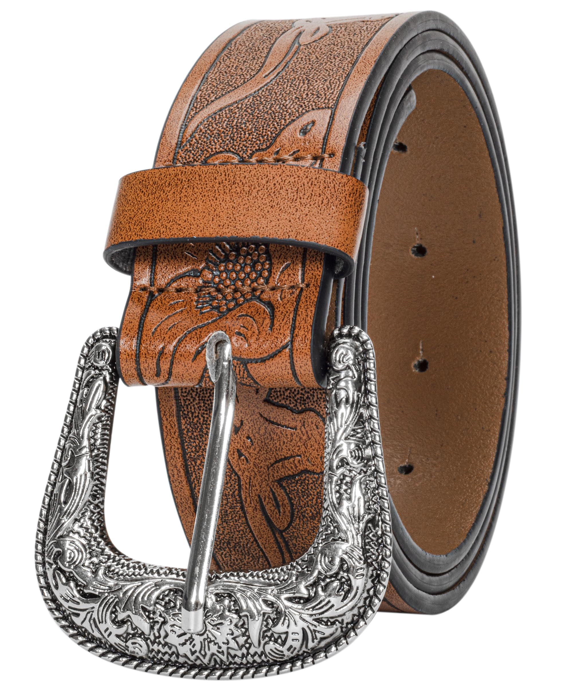 INOGIH Adjustable-Vintage-Western-Cowboy-Belt Women Men - Cowboy-Style Engraved-Buckle Belt for Jeans Pants Dresses