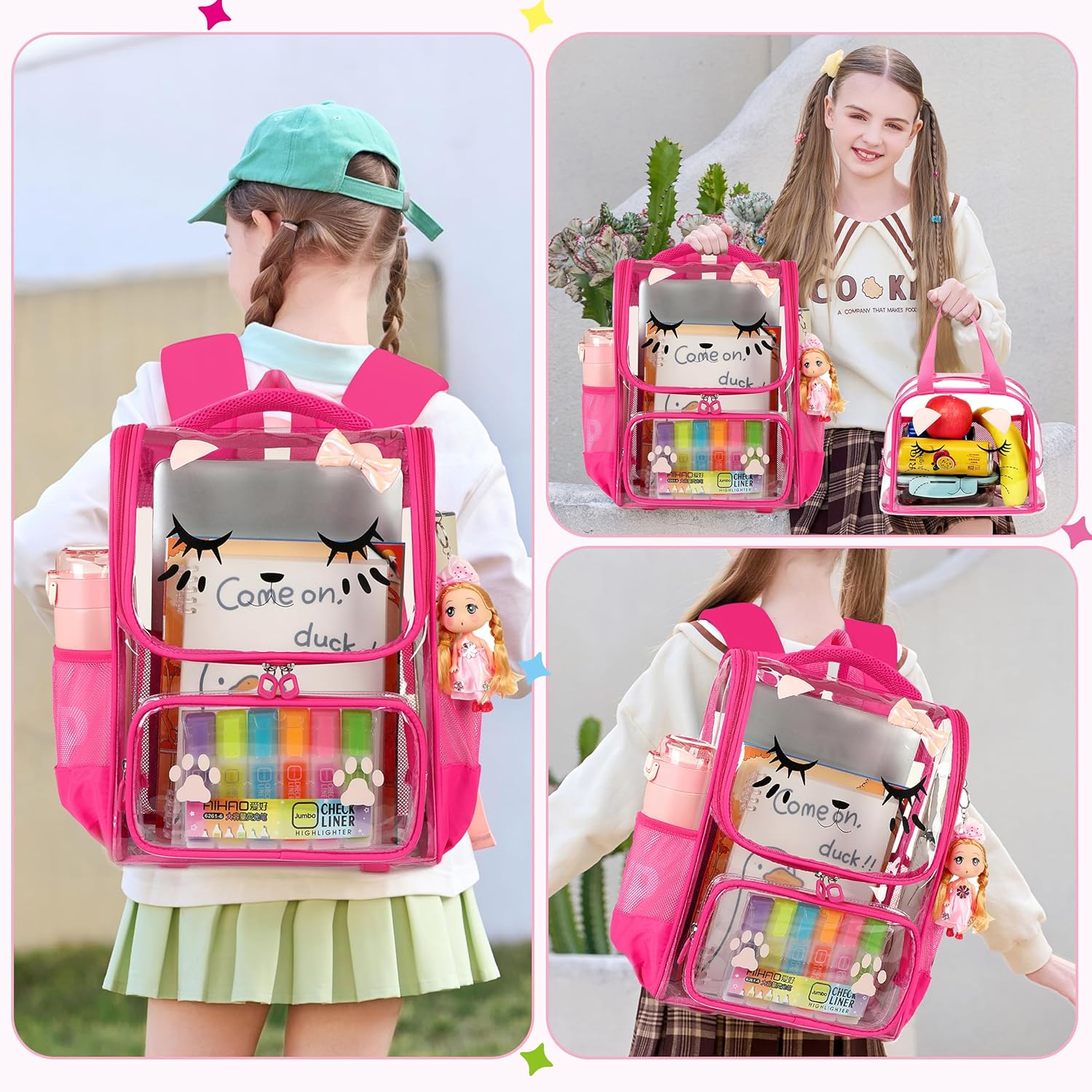 AO ALI VICTORY clear backpack Girls with Tote Bag Heavy Duty PVC Transparent Cute Backpack for Kids Toddler Preschool Bookbags Elementary School Bags See Through Casual Travel Daypack, rose-red-set1