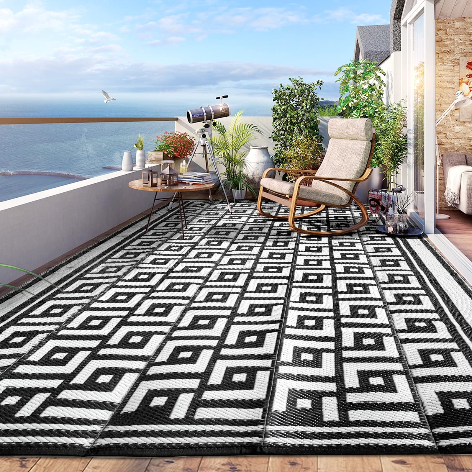 Photo 1 of Outdoor Rugs 9x12 for Patios Clearance, Outdoor Plastic Straw Rug, Large Portable Waterproof Reversible Outdoor Camping Mats Rugs for Patios Clearance, Camping, RV, Deck, Camper, Backyard, Beach 9 x 12 Feet L Style/Black & Grey