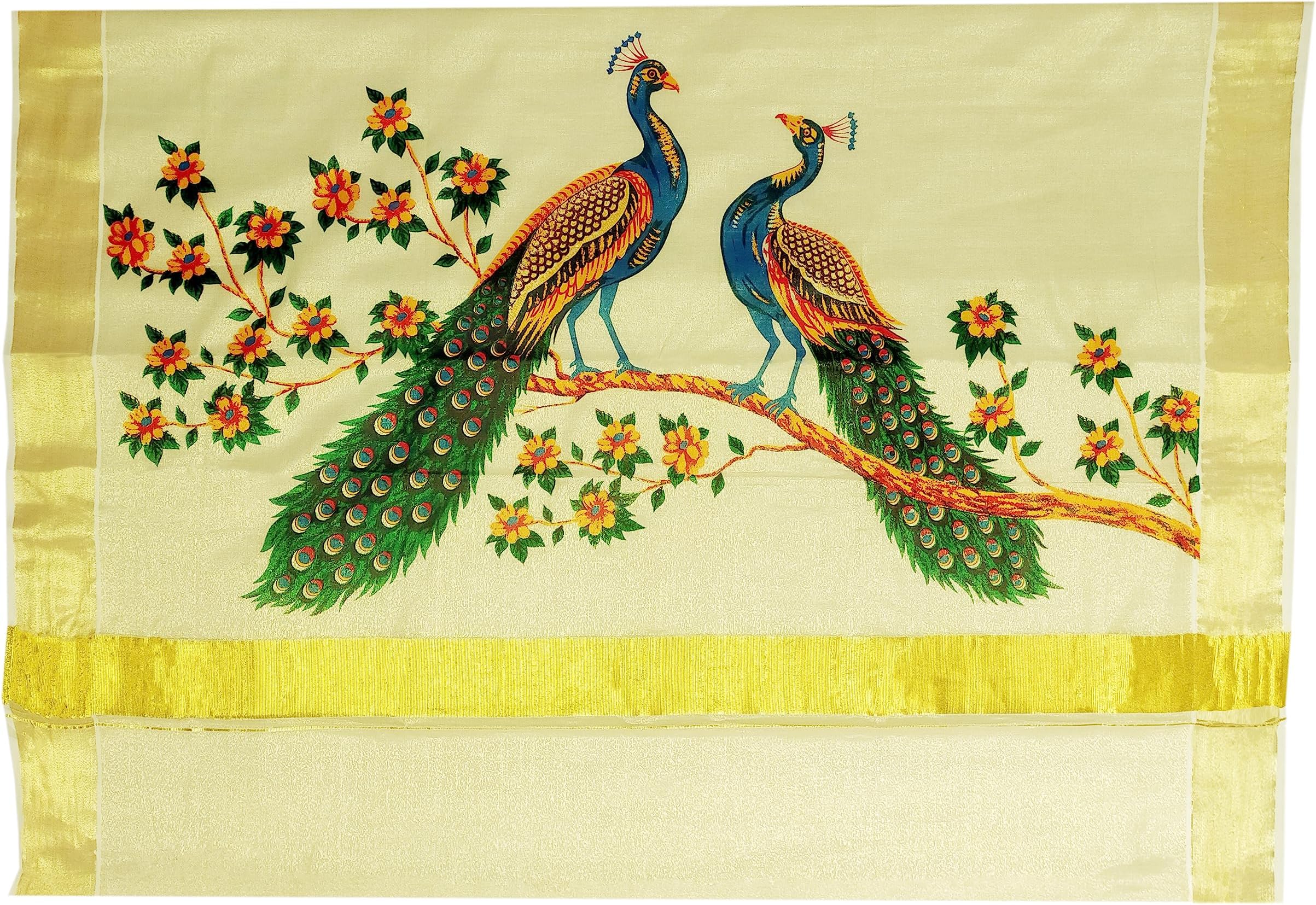 YETTALANWomen's Mural Printed Kerala Gold Tissue Saree with Running Blouse