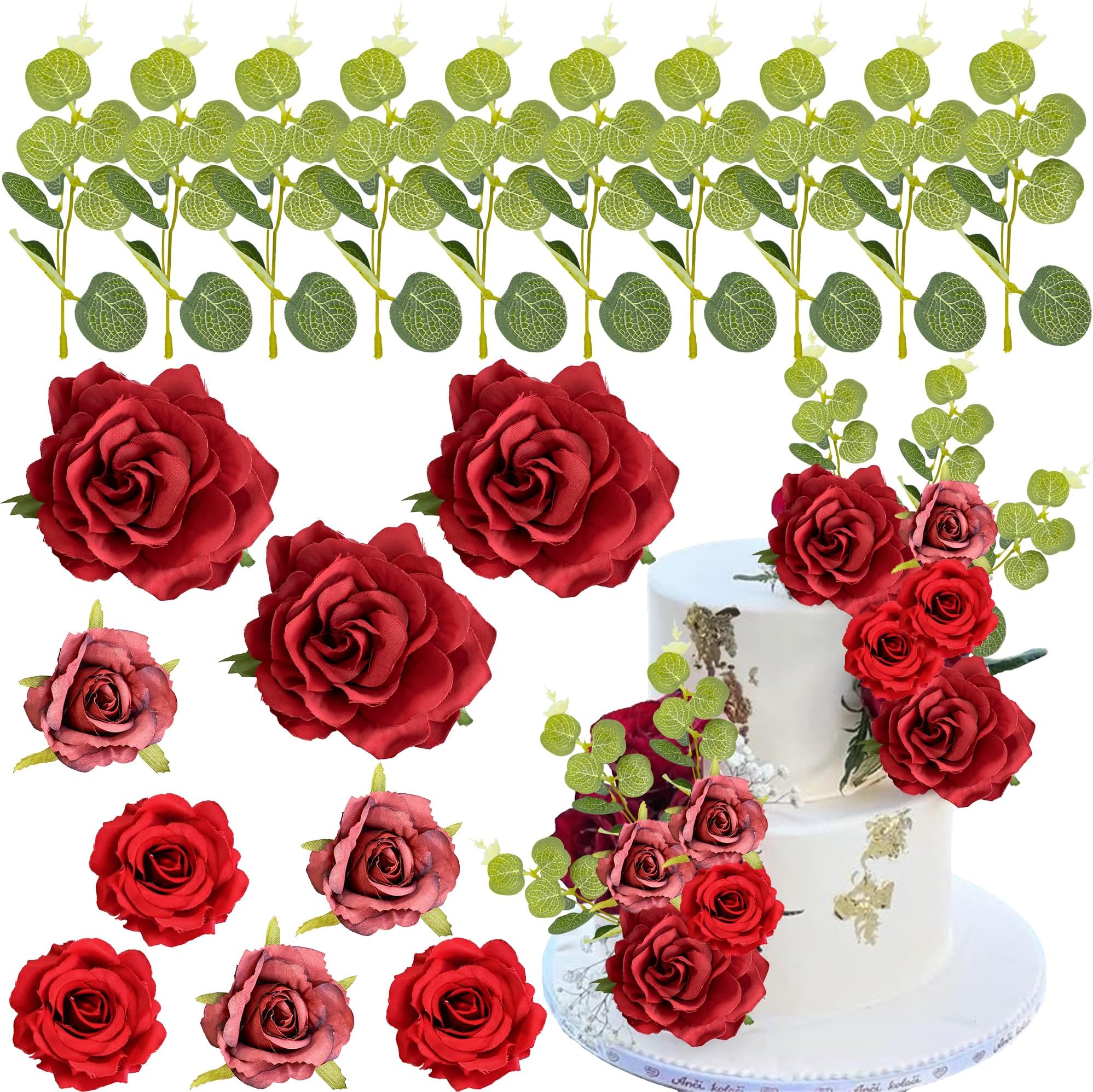 Ephlyn Boho Flower Cake Decoration with Red Rose Eucalyptus Cake Pick for Wedding Birthday Valentine's Day Party DIY Cake Decorations Supplies Red Green