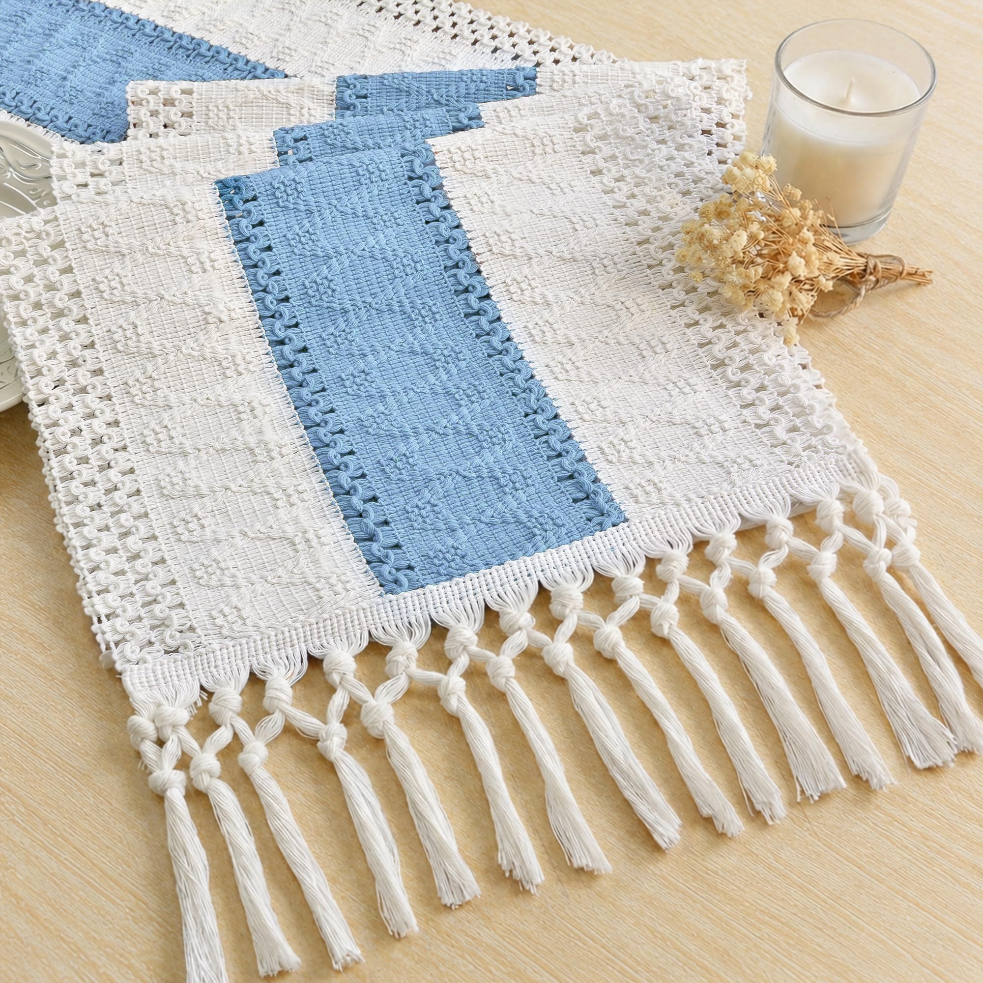 FEXIA Boho Table Runner for Home Decor 12x72 Light Blue Farmhouse Decor