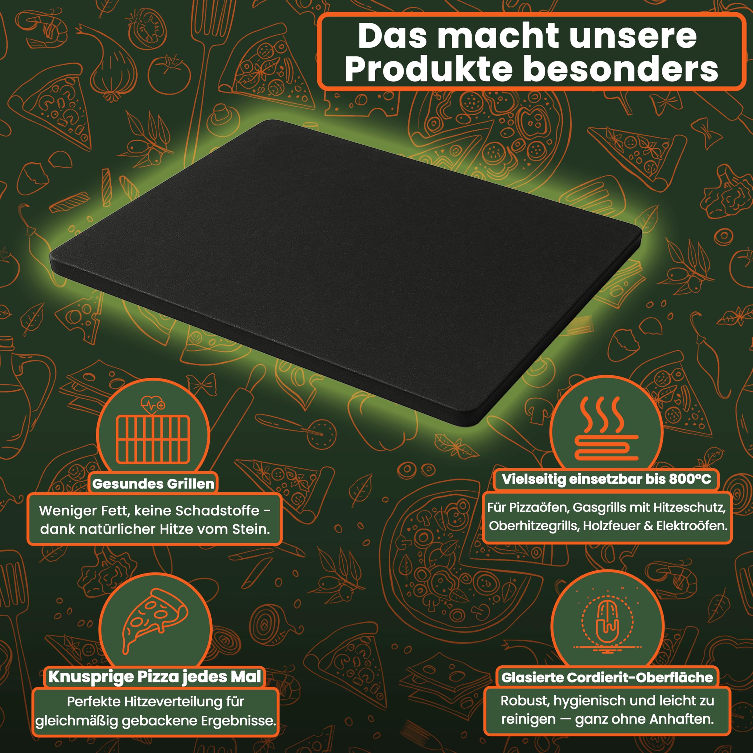 Megrill Cordierit Pizzastein für Holzkohle und Gasgrill 500x400x20 | Rechteckige Form, für Elektrogrill & Pizzaöfen geeignet, hitzebeständig bis 900°C, leicht zu reinigen, knusprige Pizzaböden