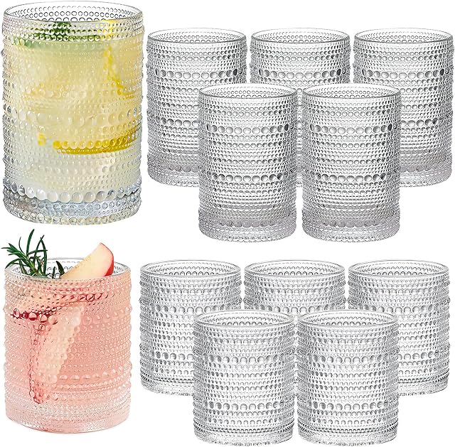 Vieilles verres à boire Hobbail Ensemble de 12, 14 oz Verres à haute bille & 12 oz Ensemble de verres à cocktail, coupe en verre d'eau emboîtée, ensemble de verre à tambour pour bière, jus, cocktail, whisky, lait