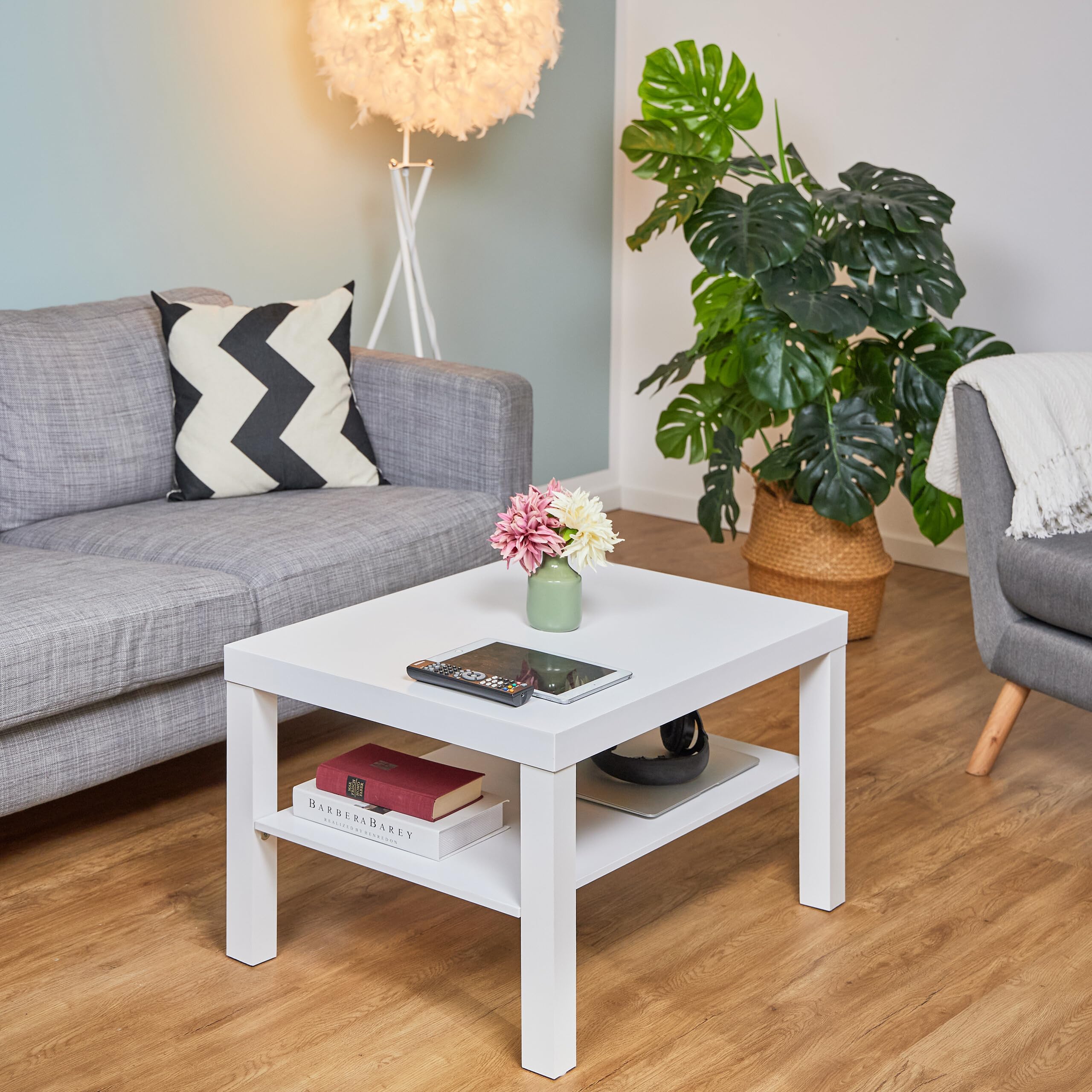 Relaxdays Tavolino da Salotto, Tavolo Basso da Divano Soggiorno, Mobile in MDF Sofà, HLP: 45x79x55 cm, 2 Ripiani, Bianco