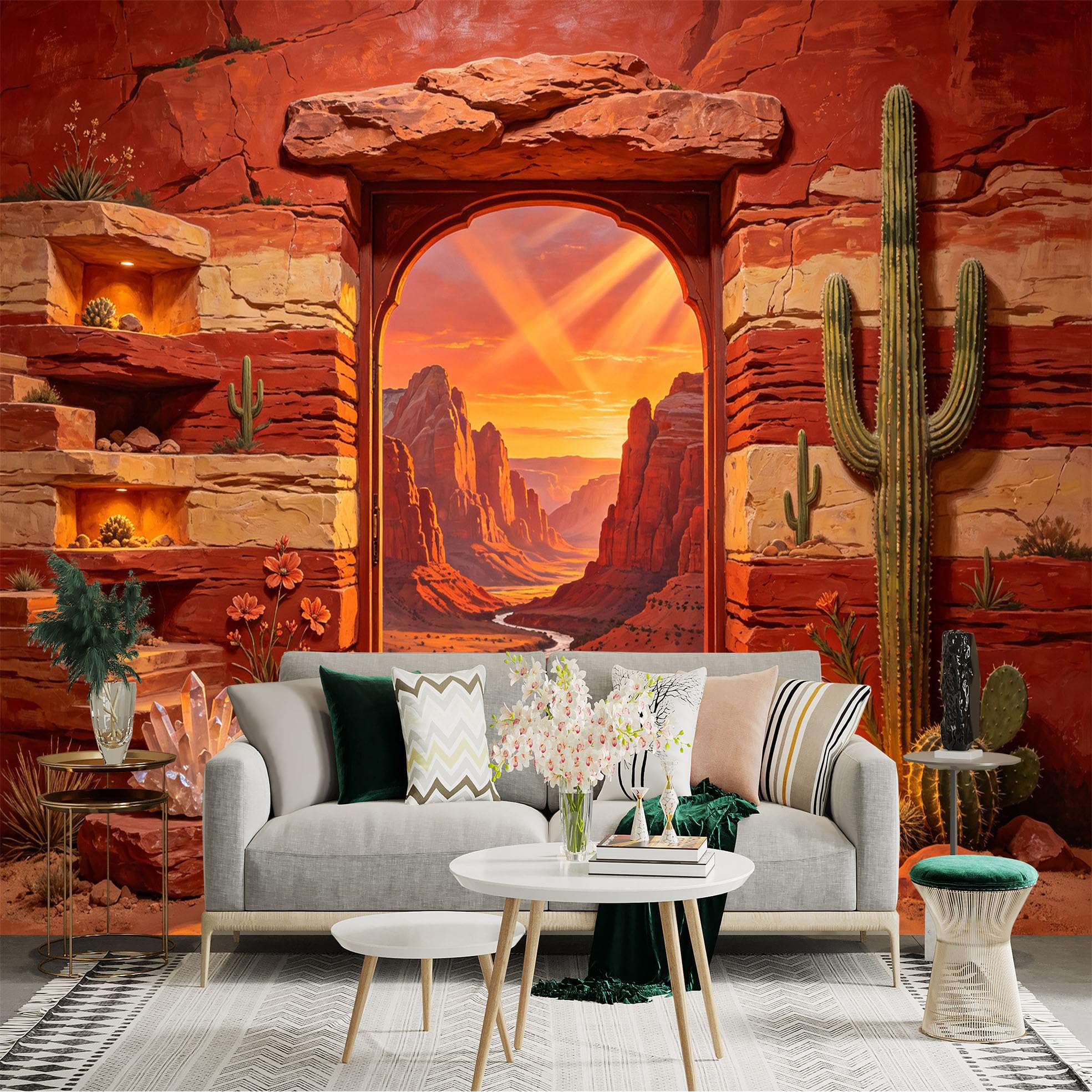 Custom Size Wall Sticker Mural， Desert Canyon Sunset， Cactus Landscape， Rocky Valley View， for wall Decoration， peelandstick wall Decals.