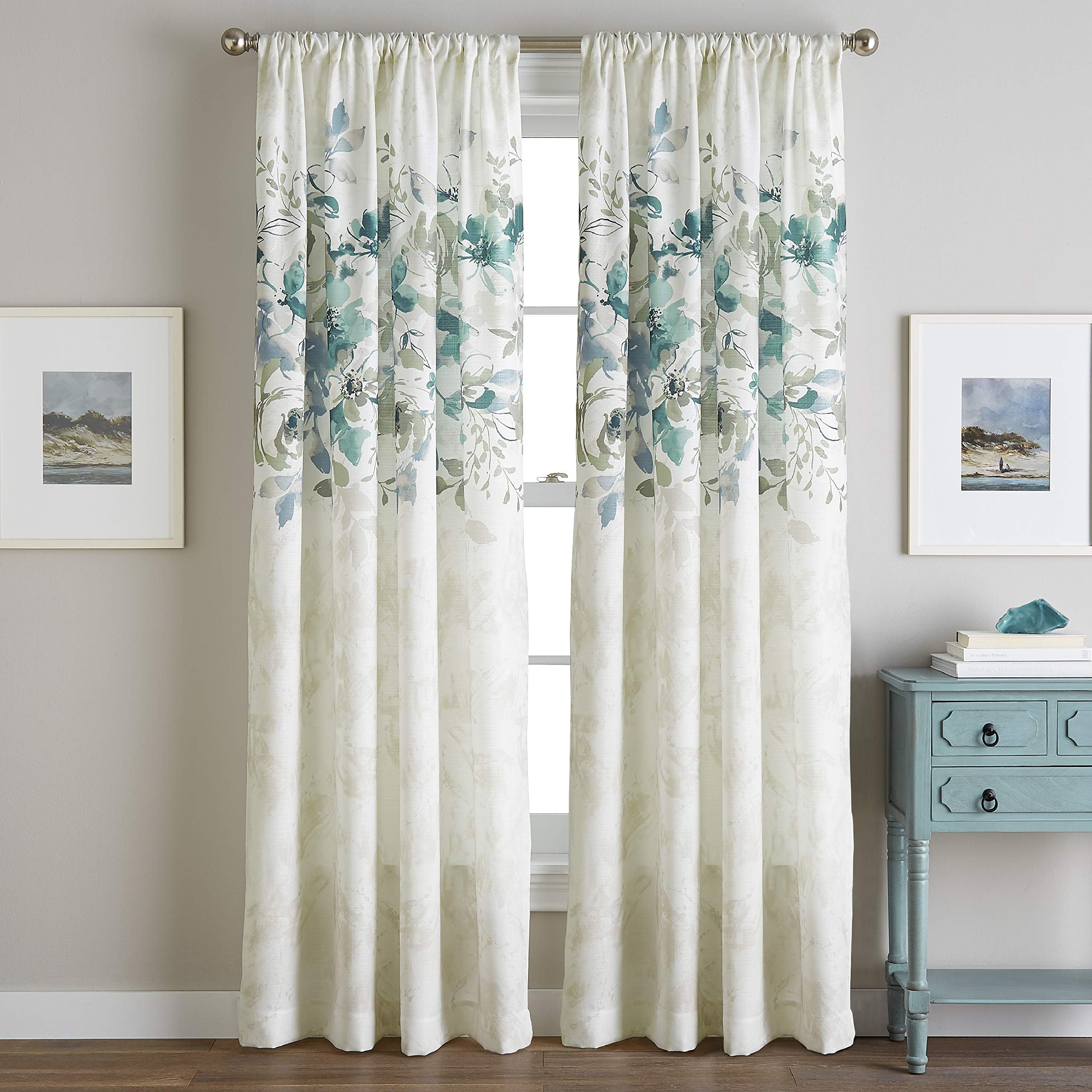 CHFWatercolor Floral Curtain Panel, 84", Aqua